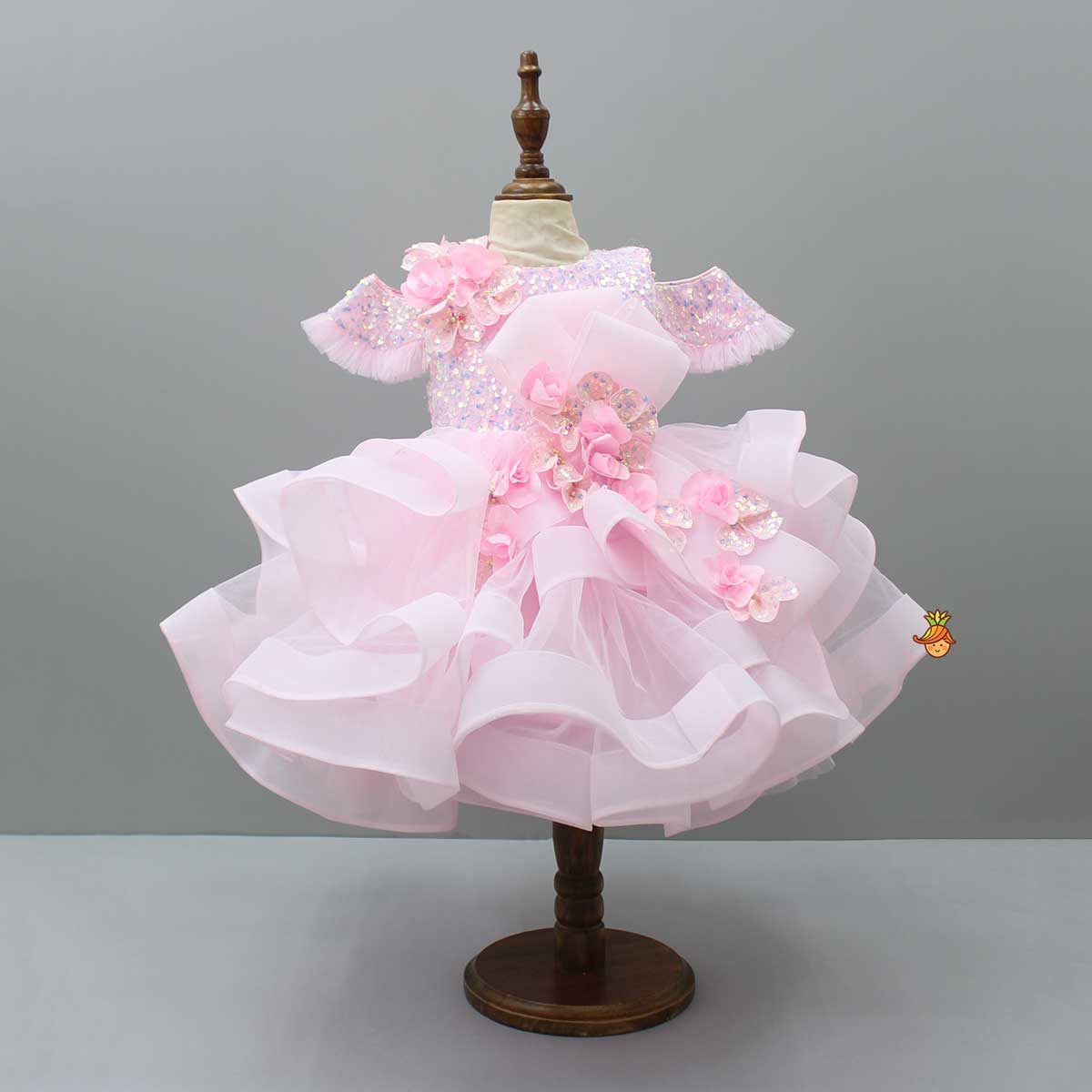 Pre Order: Sequin Detail Yoke Layered Ruffle Net Pink Dress
