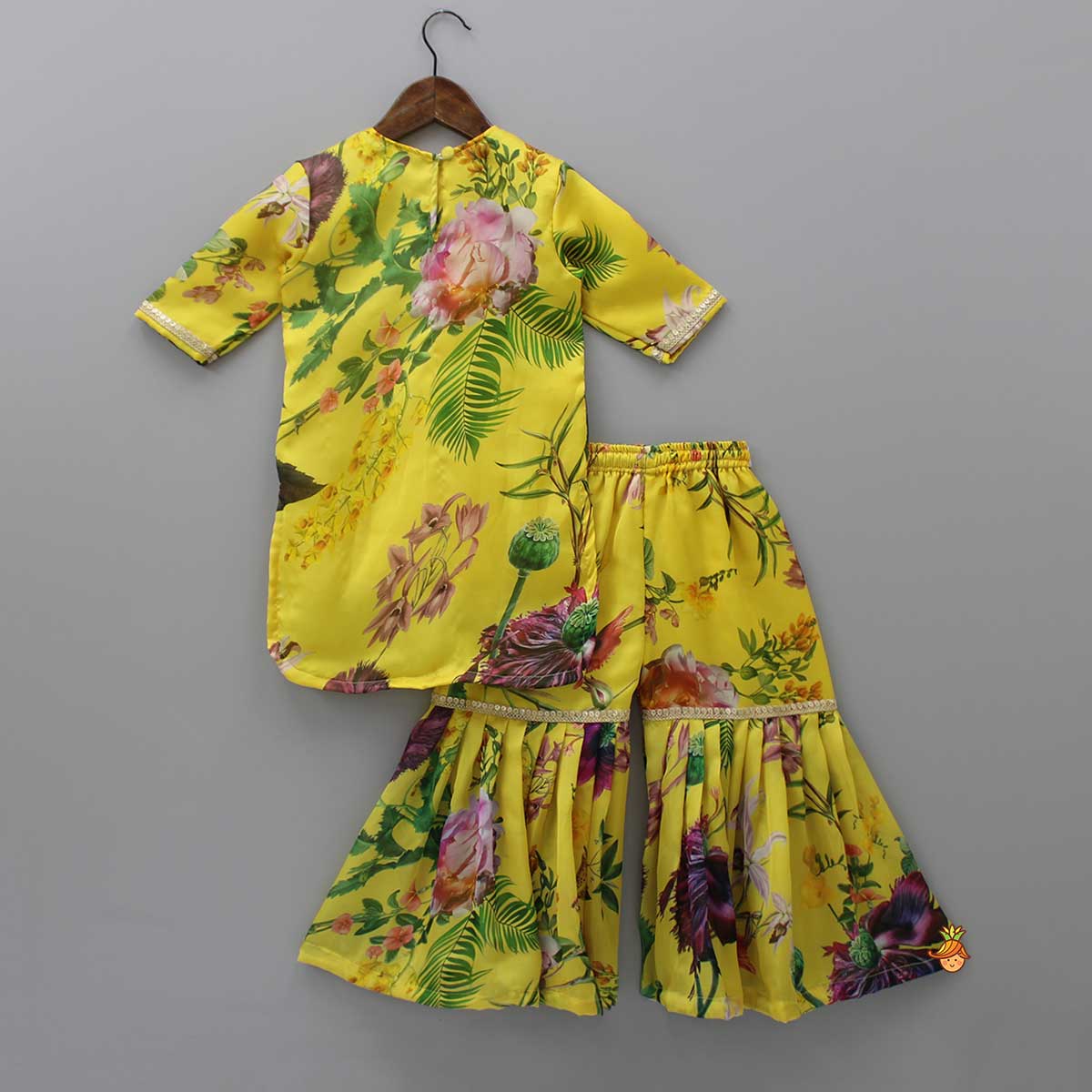 Pre Order: Floral Printed Yellow Kurti And Tiered Sharara With Net Dupatta