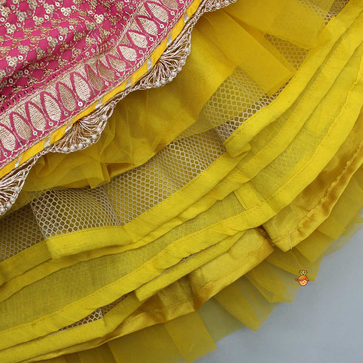 Pre Order: Bandhani Printed Top And Floral Printed Layered Lehenga With Matching Dupatta
