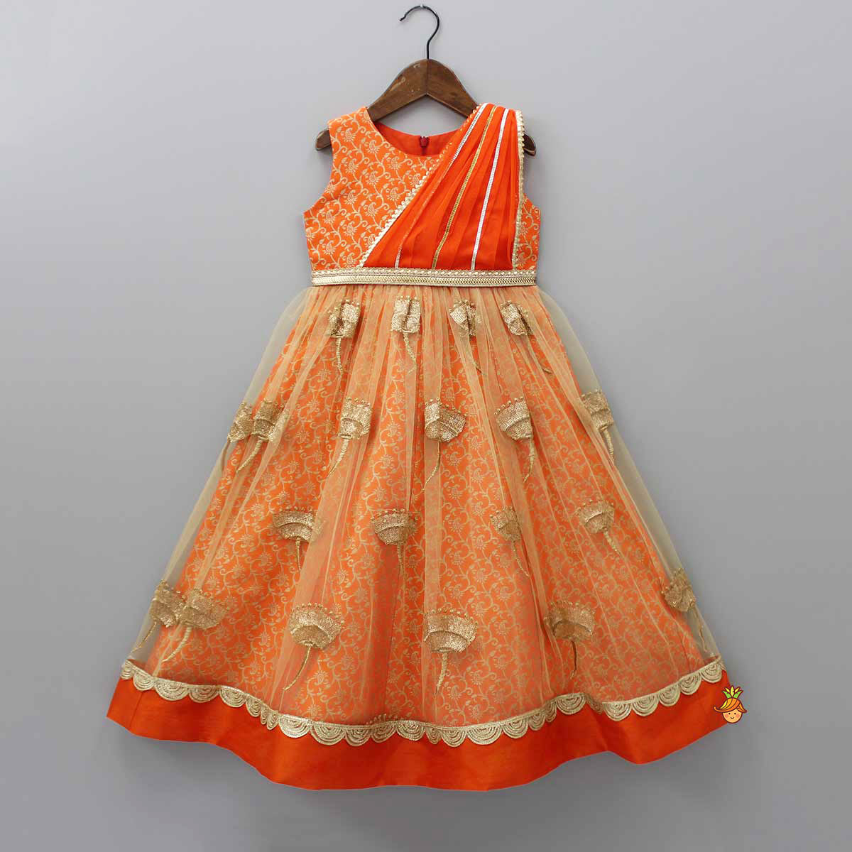 Pre Order: Orange Brocade Anarkali With Detachable Belt And Net Dupatta