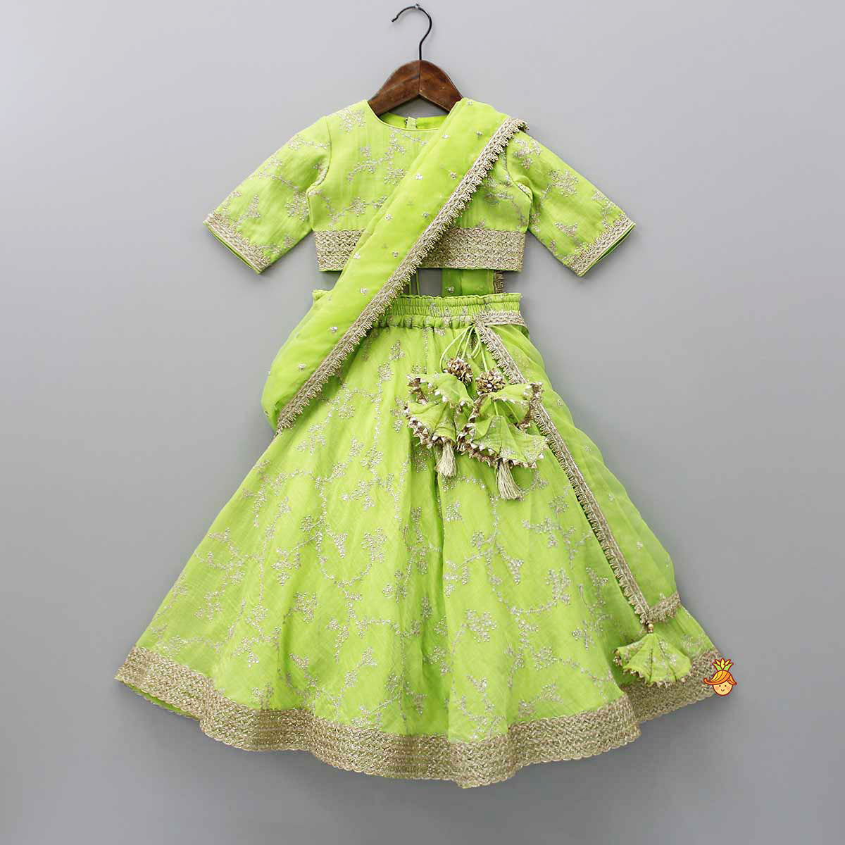 Pre Order: Green Embroidered Lacework Top With Lehenga And Attached Dupatta