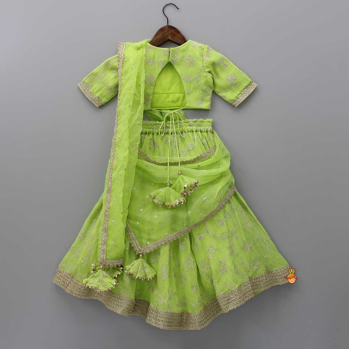 Pre Order: Green Embroidered Lacework Top With Lehenga And Attached Dupatta
