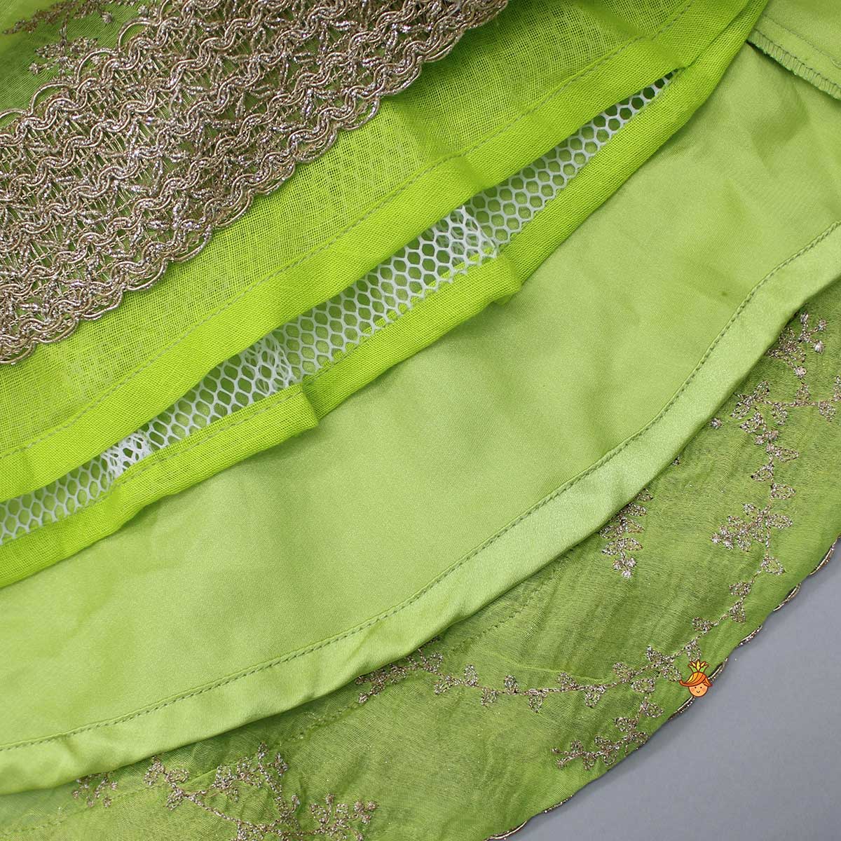 Pre Order: Green Embroidered Lacework Top With Lehenga And Attached Dupatta
