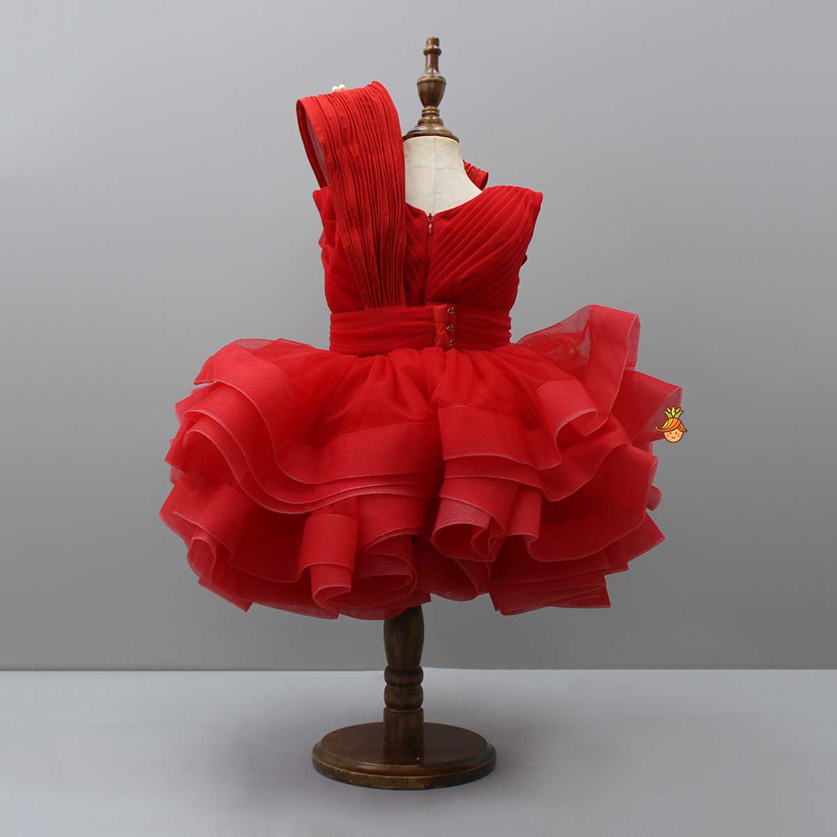 Pre Order: Red Pleated Yoke Butterfly Dress With Stiff Belt