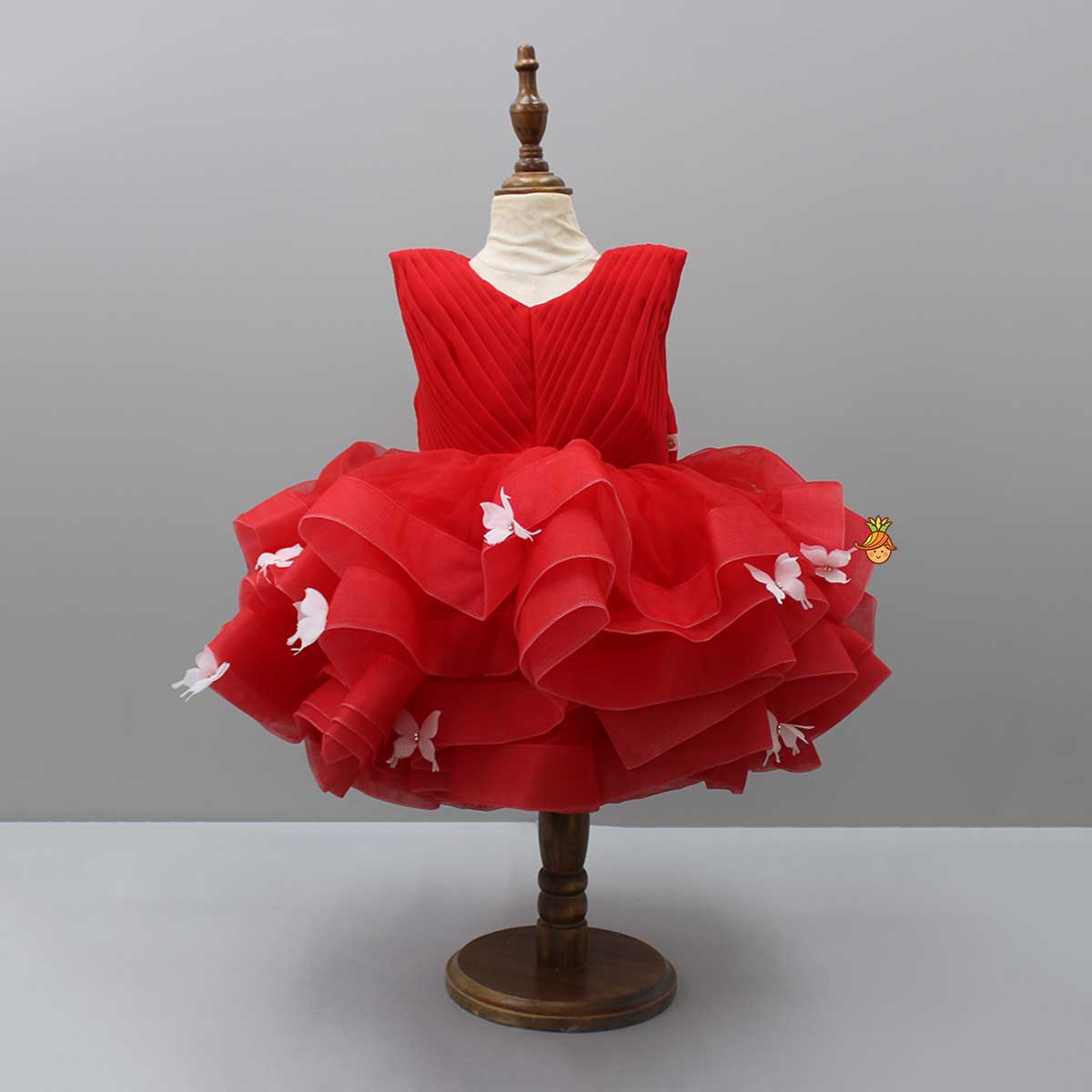 Pre Order: Red Pleated Yoke Butterfly Dress With Stiff Belt