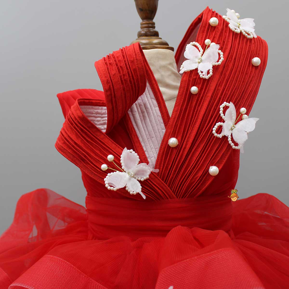 Pre Order: Red Pleated Yoke Butterfly Dress With Stiff Belt