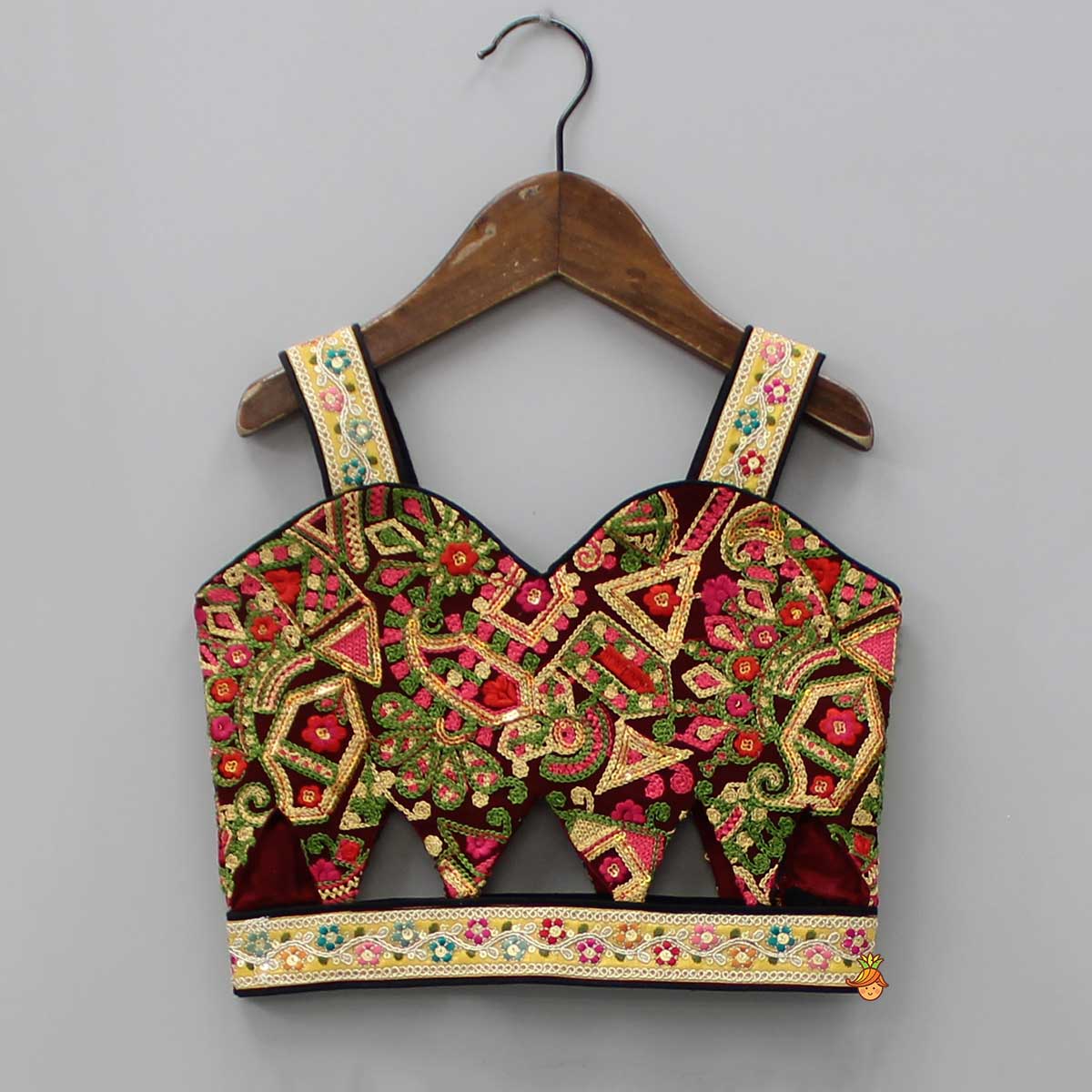 Pre Order: Embroidered Multicolour Top And Floral Printed Lehenga With Net Dupatta