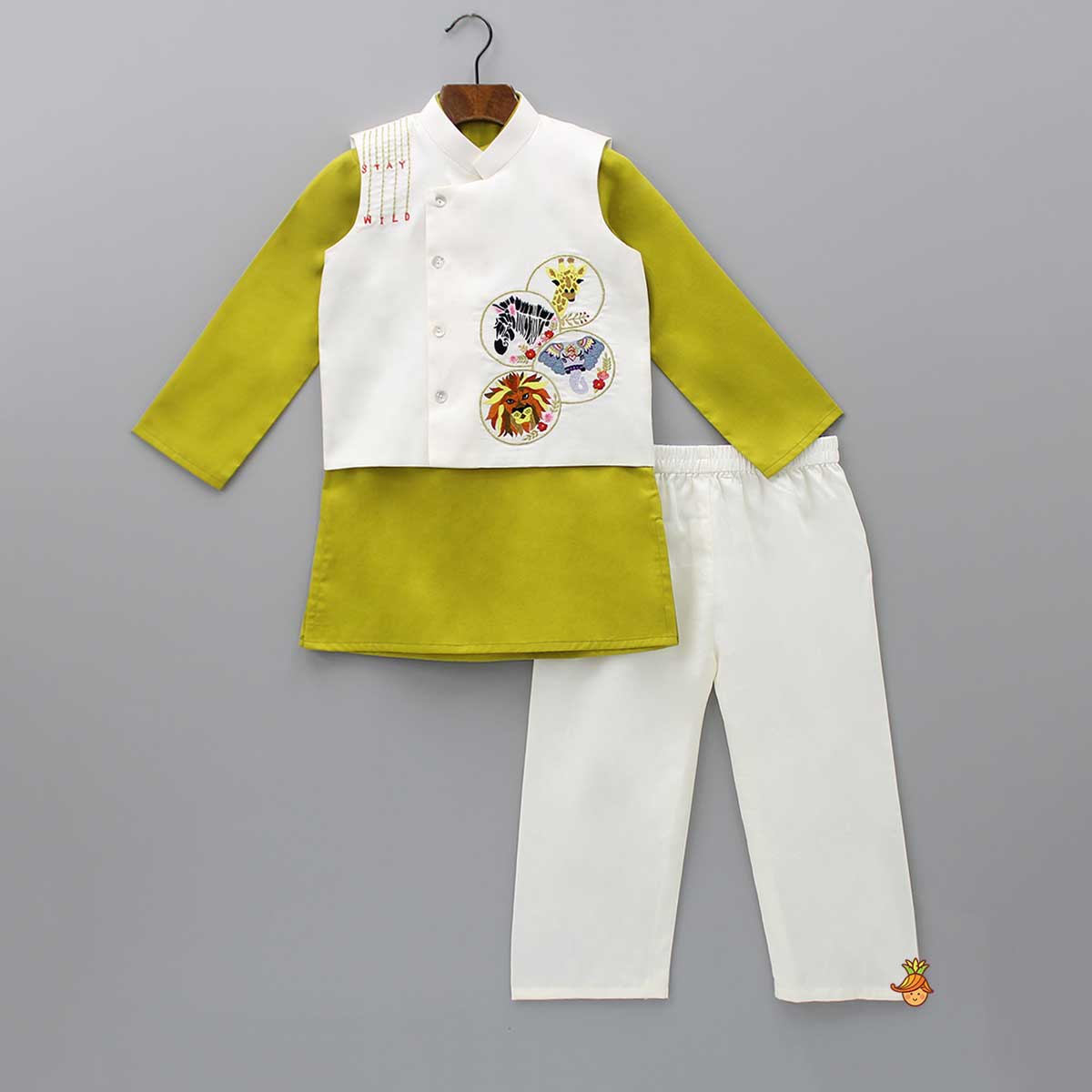Pre Order: Plain Green Kurta With Jungle Animals Embroidered Jacket And Pyjama