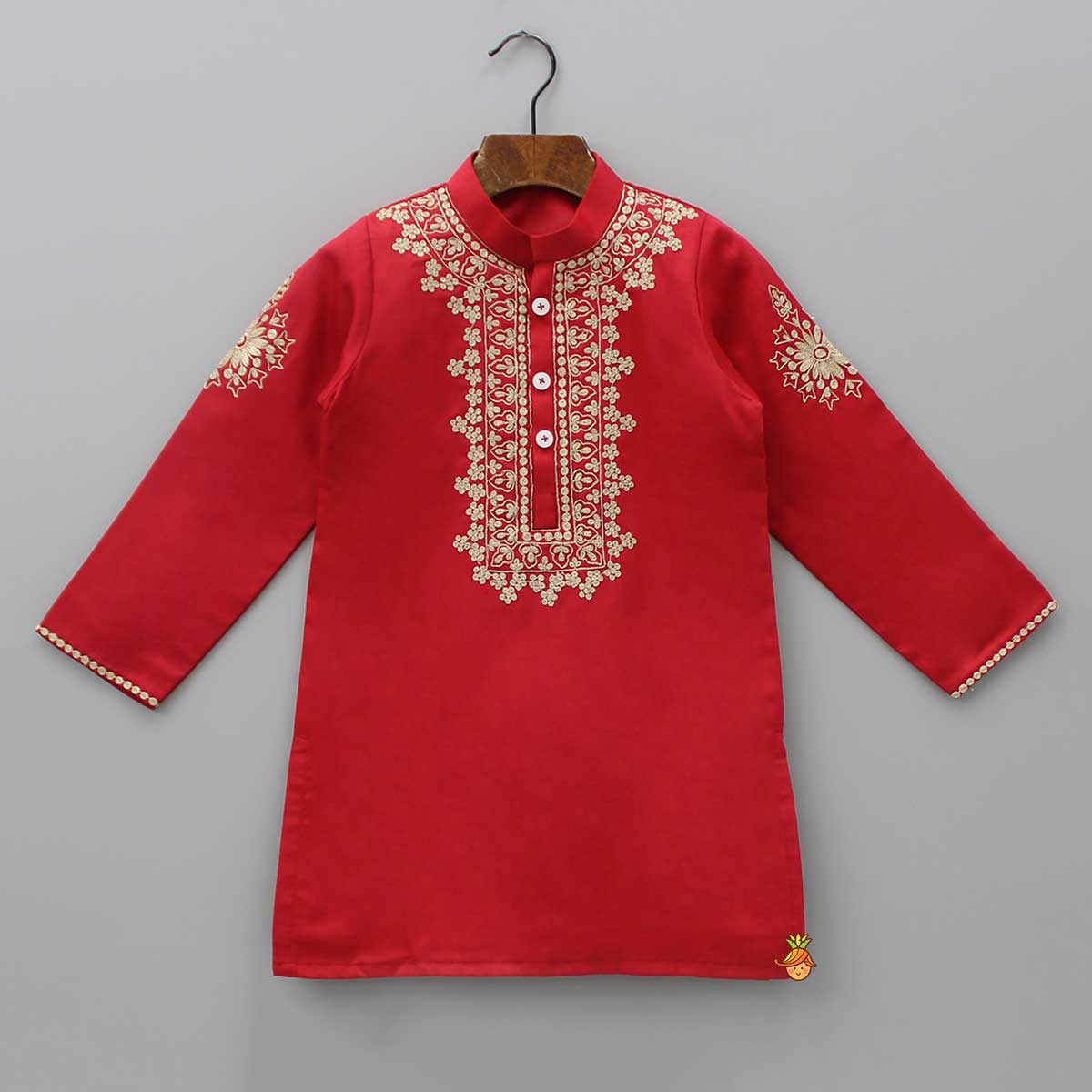 Pre Order: Embroidered Yoke Red Ethnic Kurta And Pyjama