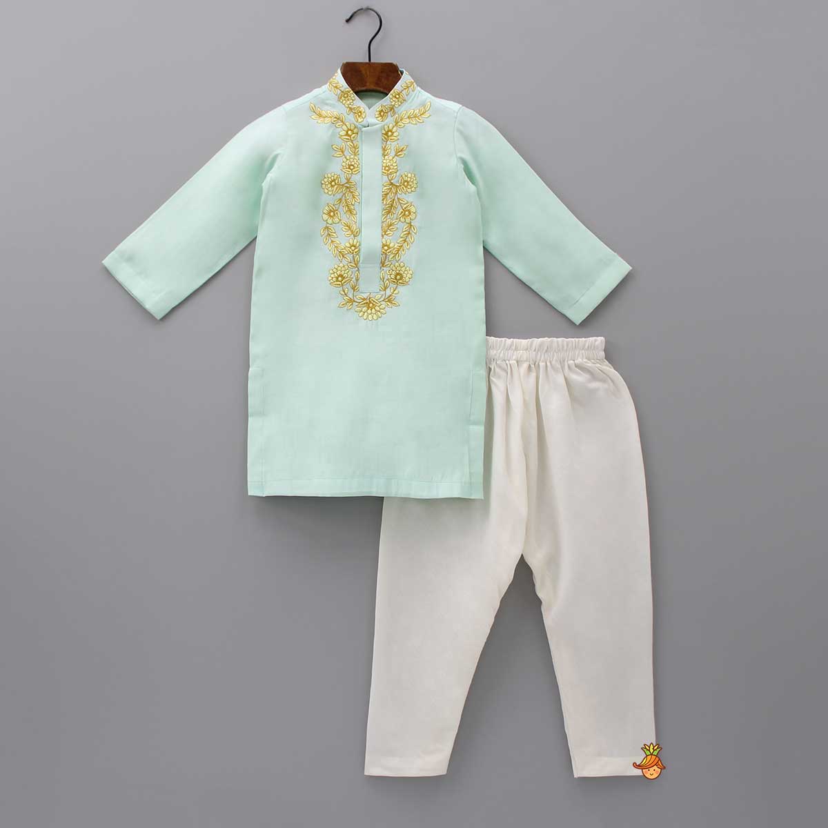 Pre Order: Embroidered Collar And Placket Green Kurta With Churidar