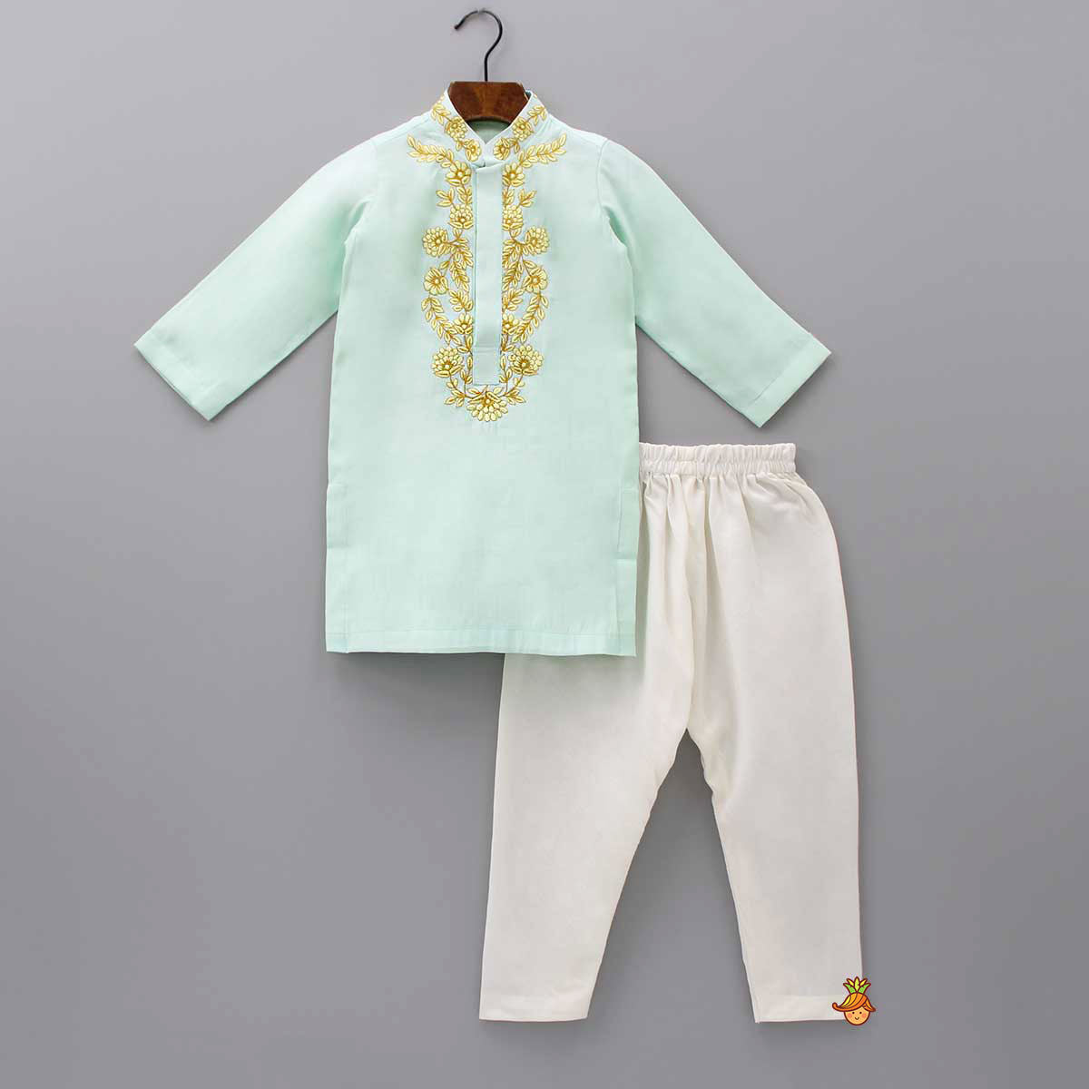 Pre Order: Embroidered Collar And Placket Green Kurta With Churidar