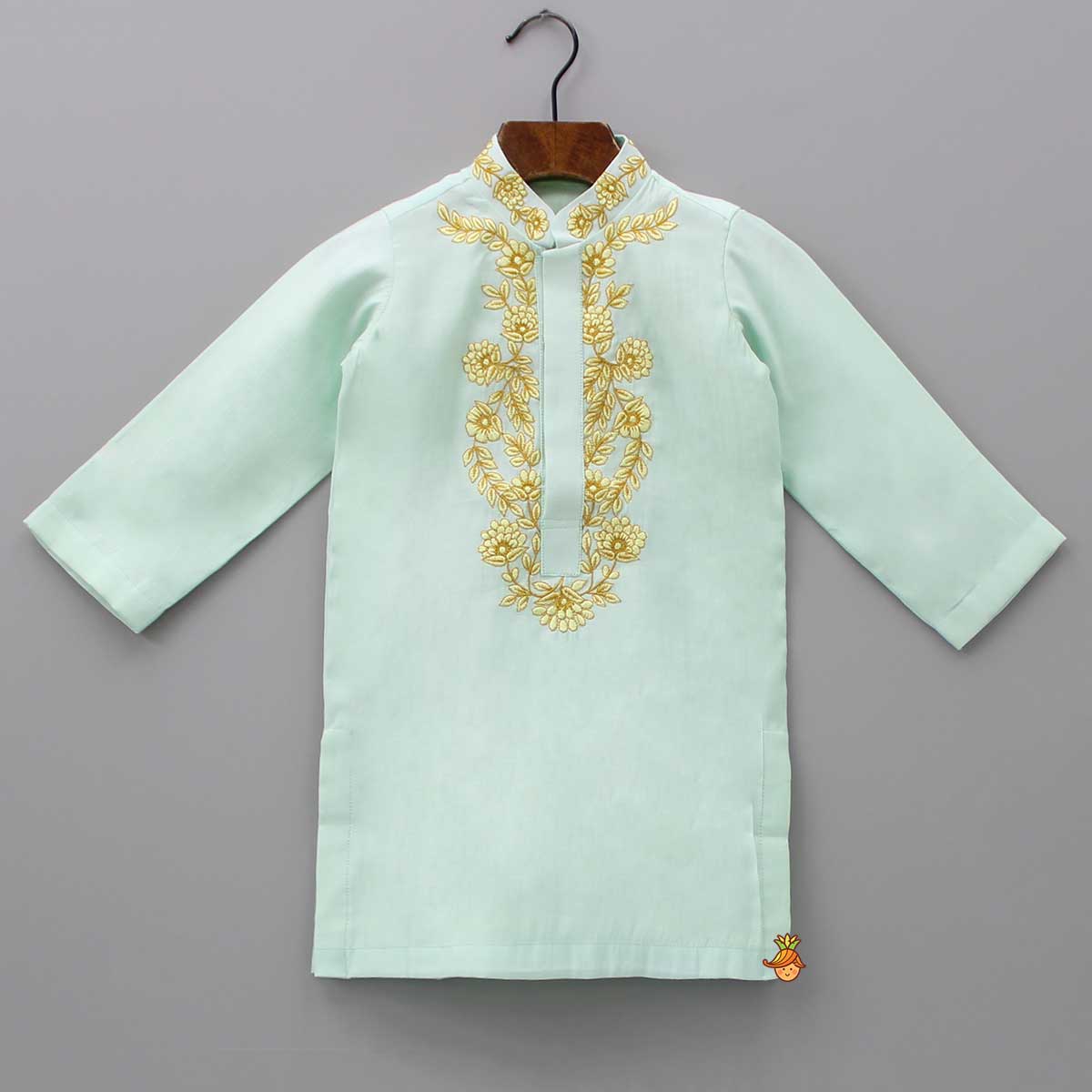 Pre Order: Embroidered Collar And Placket Green Kurta With Churidar