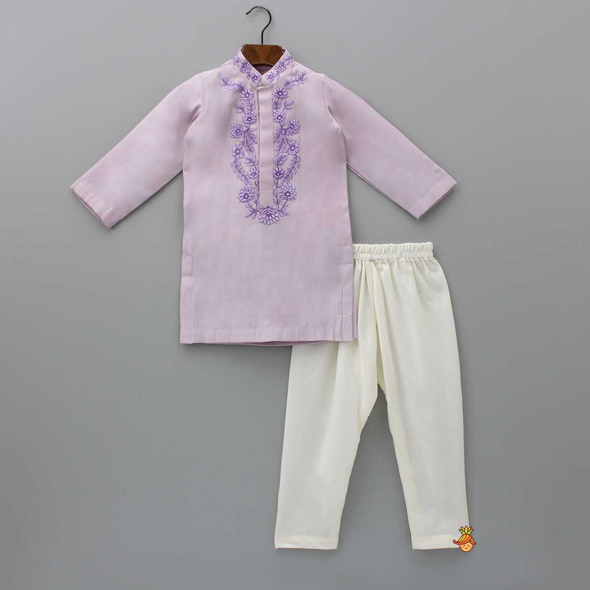 Pre Order: Embroidered Collar and Placket Lilac Kurta With Churidar