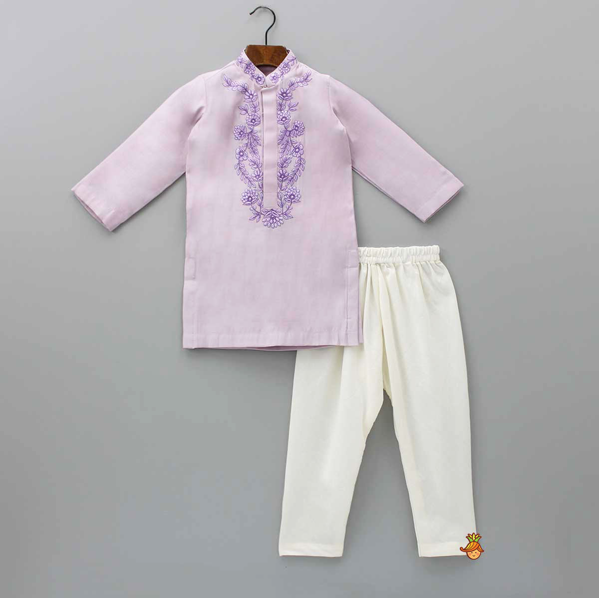 Pre Order: Embroidered Collar and Placket Lilac Kurta With Churidar