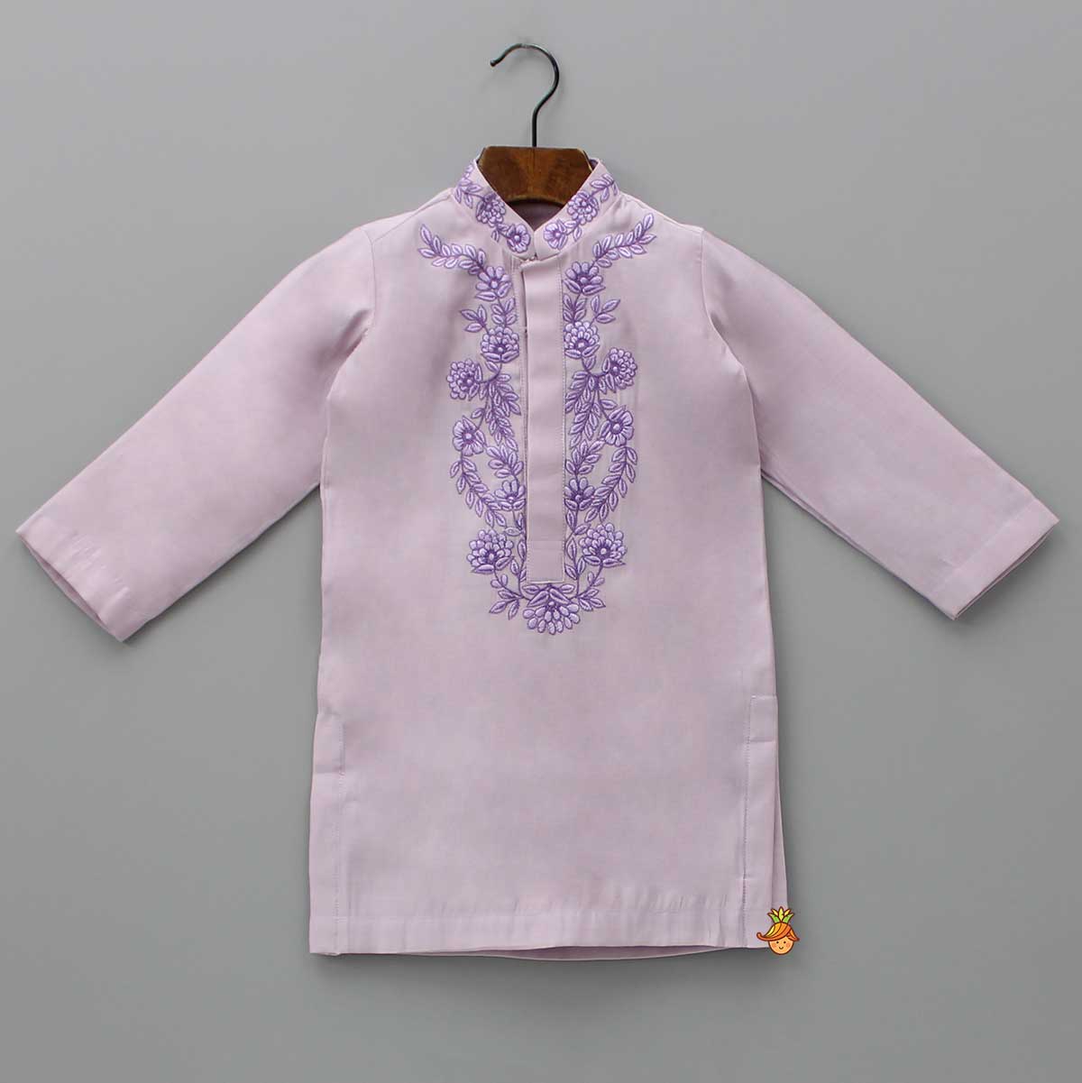 Pre Order: Embroidered Collar and Placket Lilac Kurta With Churidar
