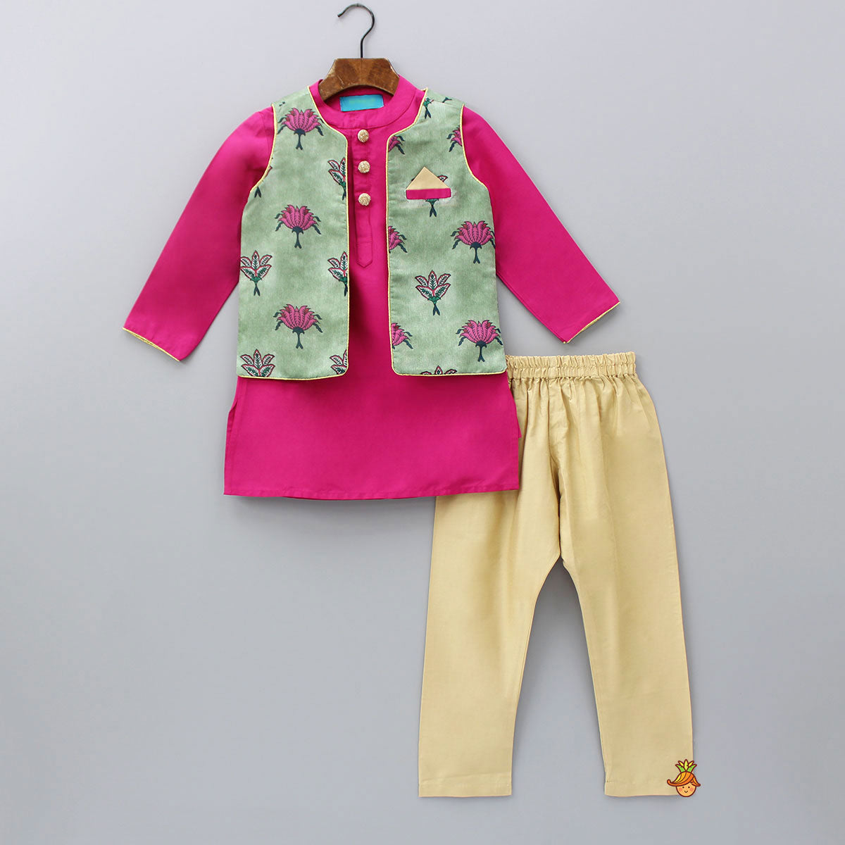 Pink Kurta With Floral Printed Chanderi Jacket And Pyjama