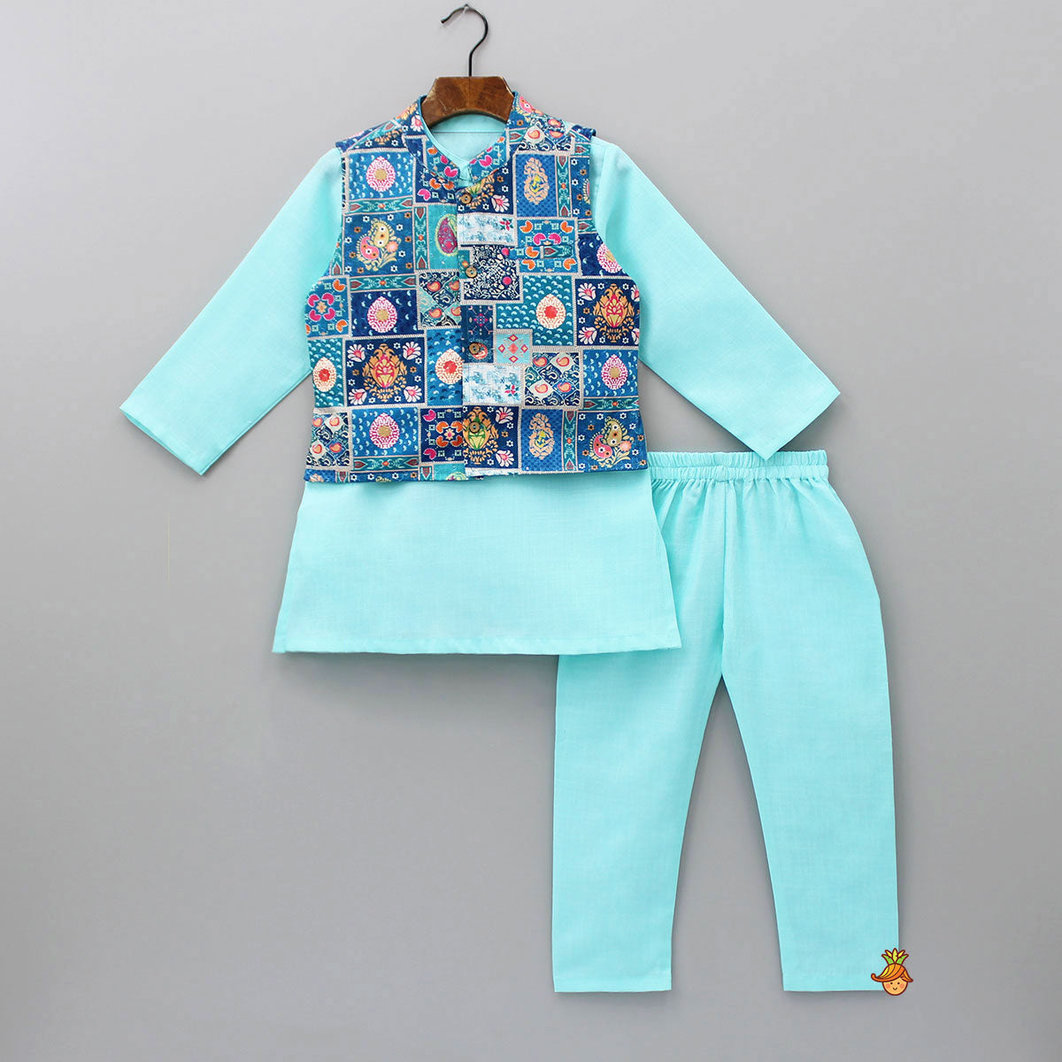 Blue Kurta With Multicolour Jacket And Pyjama