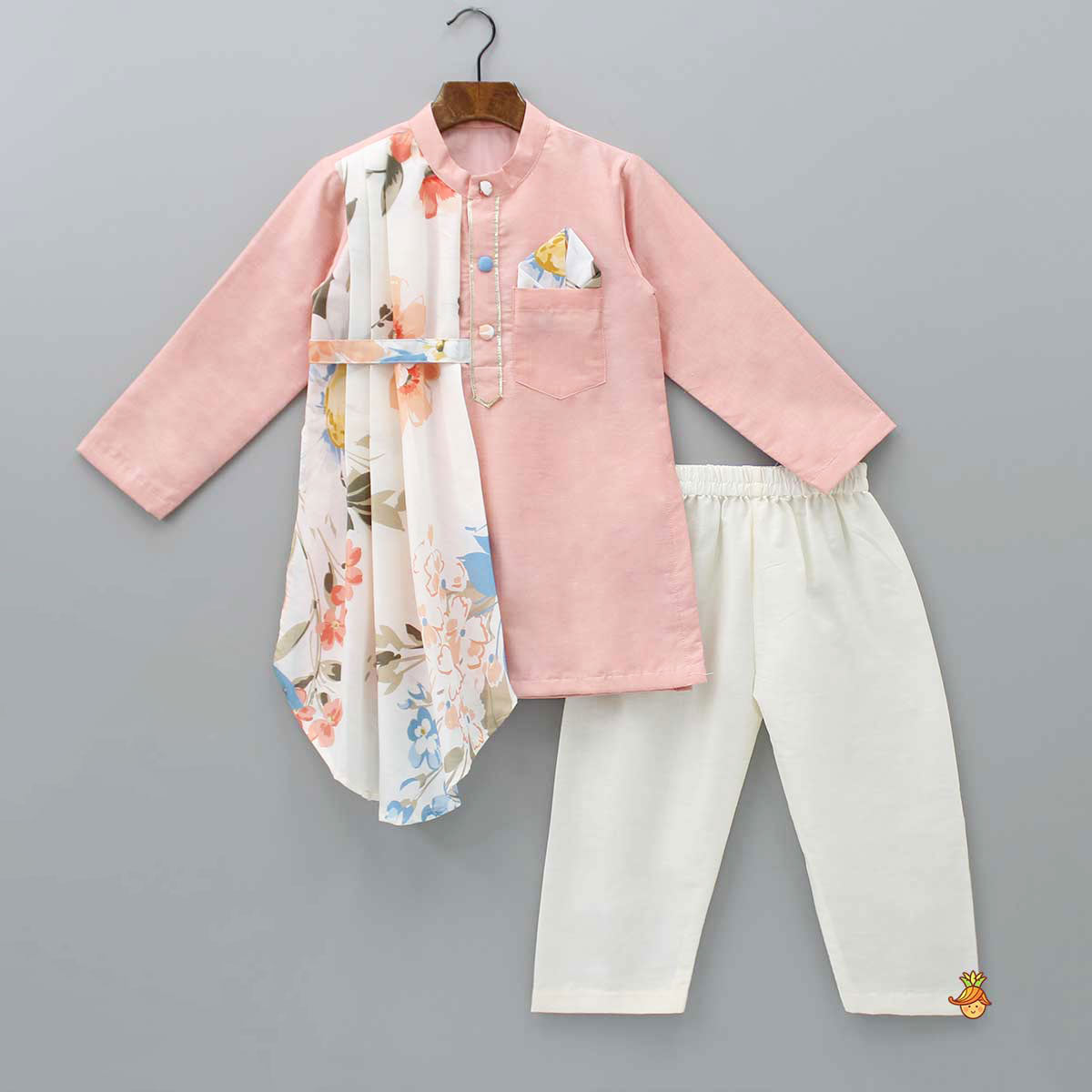 Pre Order: Peach Kurta With One Side Printed Panel And Pyjama