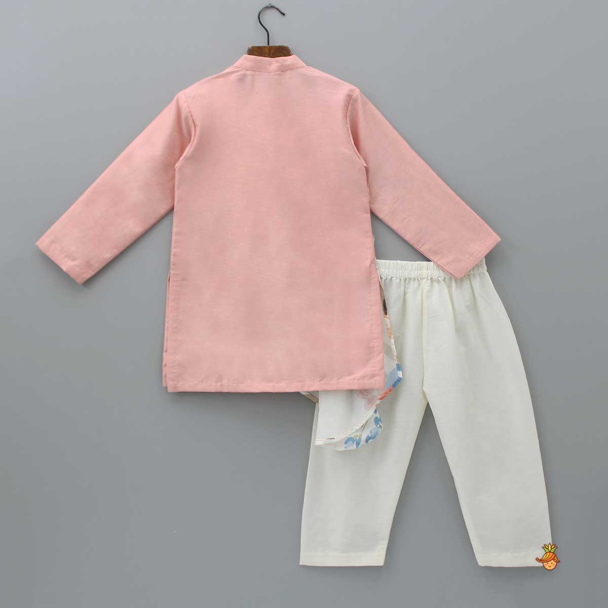 Pre Order: Peach Kurta With One Side Printed Panel And Pyjama