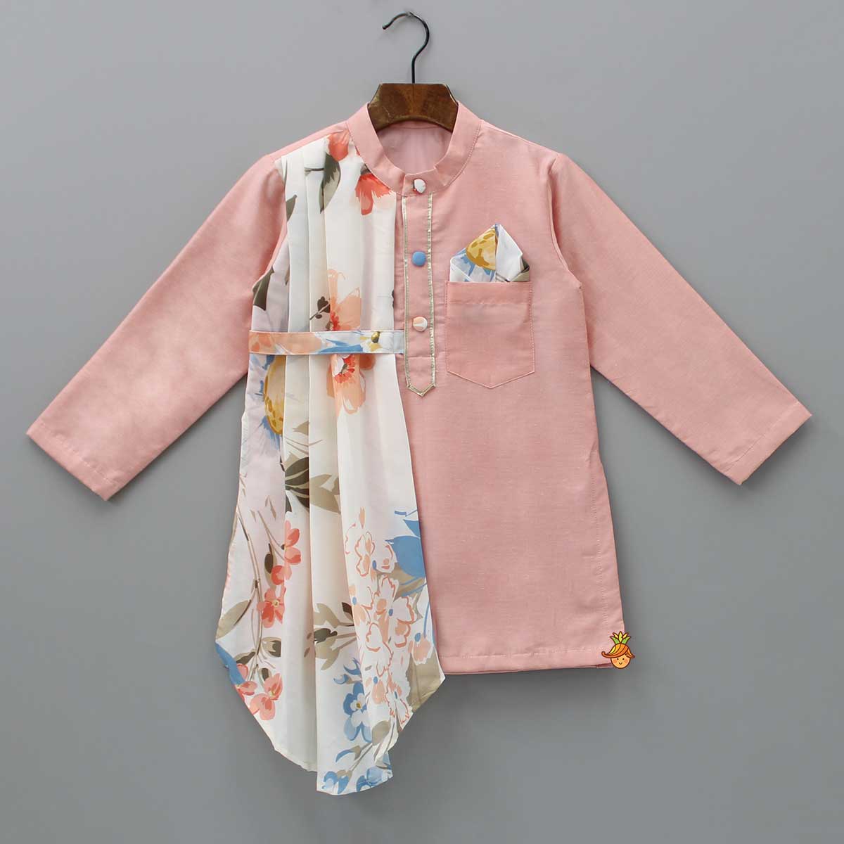 Pre Order: Peach Kurta With One Side Printed Panel And Pyjama