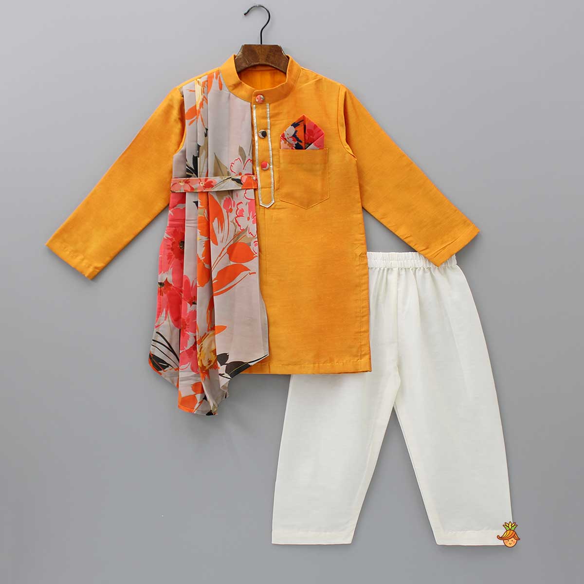 Pre Order: Orange Plain Kurta With One Side Printed Panel And Pyjama