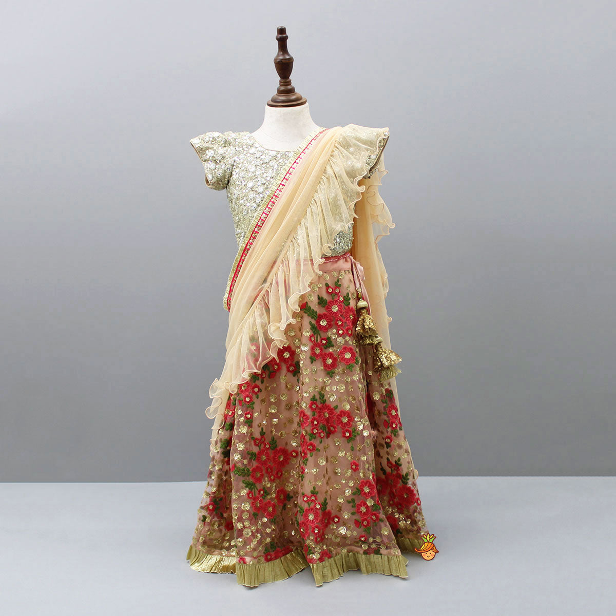 Pre Order: Stylish Sequin Top And Embroidered Lehenga With Attached Dupatta