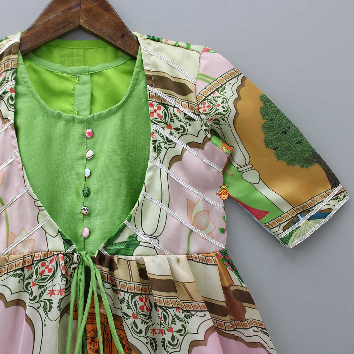 Pre Order: Green Kurti And Gota Lace Detail Multicolour Jacket