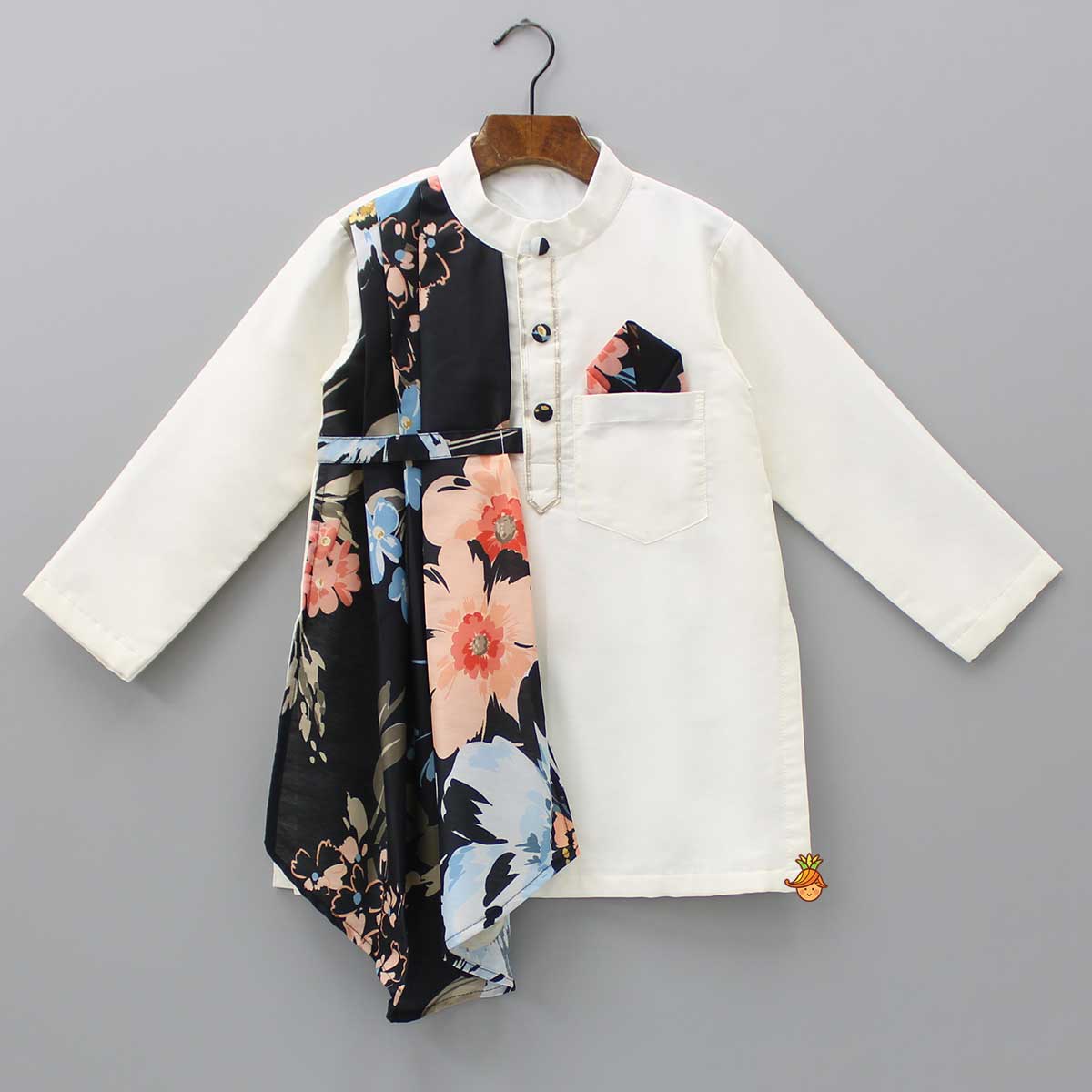 Pre Order: Off White Kurta With One Side Black Printed Panel And Pyjama