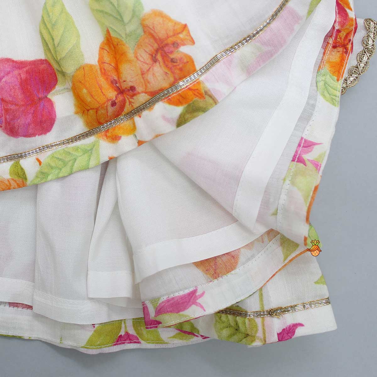 Pre Order: Gota Lace Detail Floral Printed Kurti And Sharara With Net Dupatta