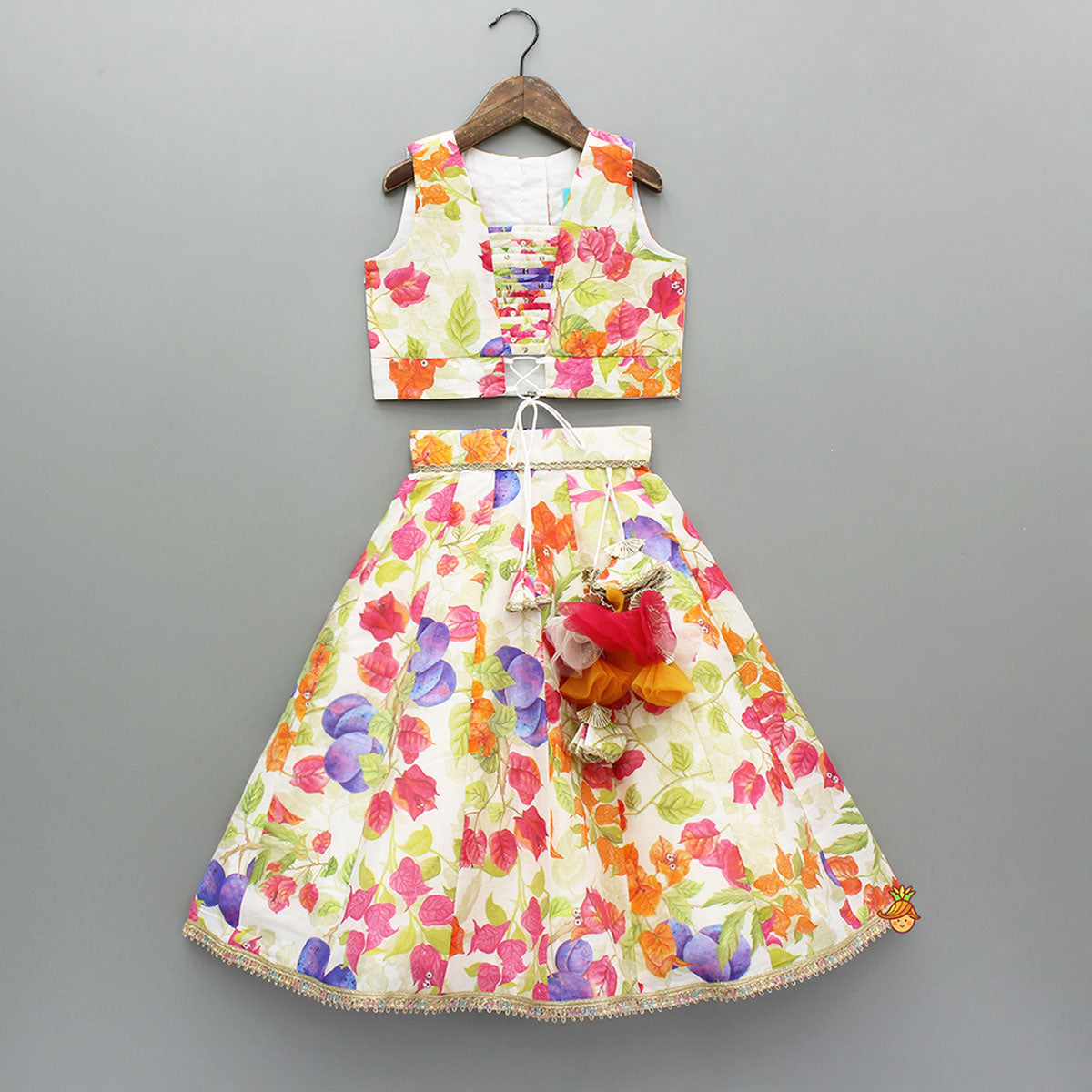 Pre Order: Multicolour Floral Printed Top And Lehenga With Net Dupatta