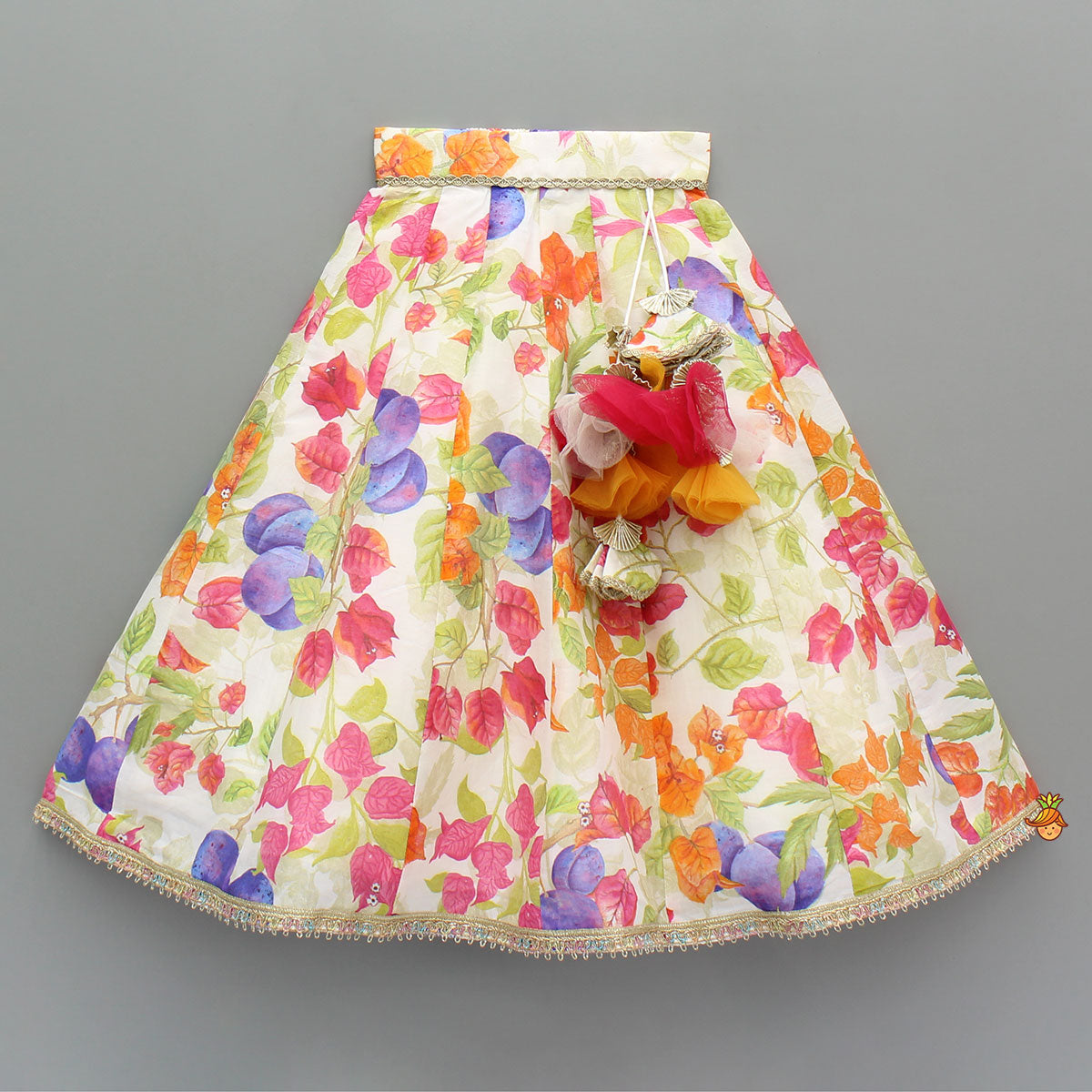 Pre Order: Multicolour Floral Printed Top And Lehenga With Net Dupatta