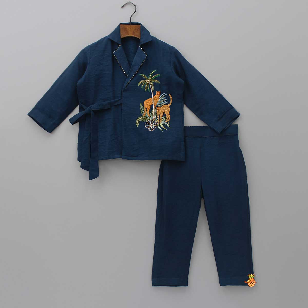 Pre Order: Animal Embroidered Front Overlap Shirt With Tie-Ups And Pant