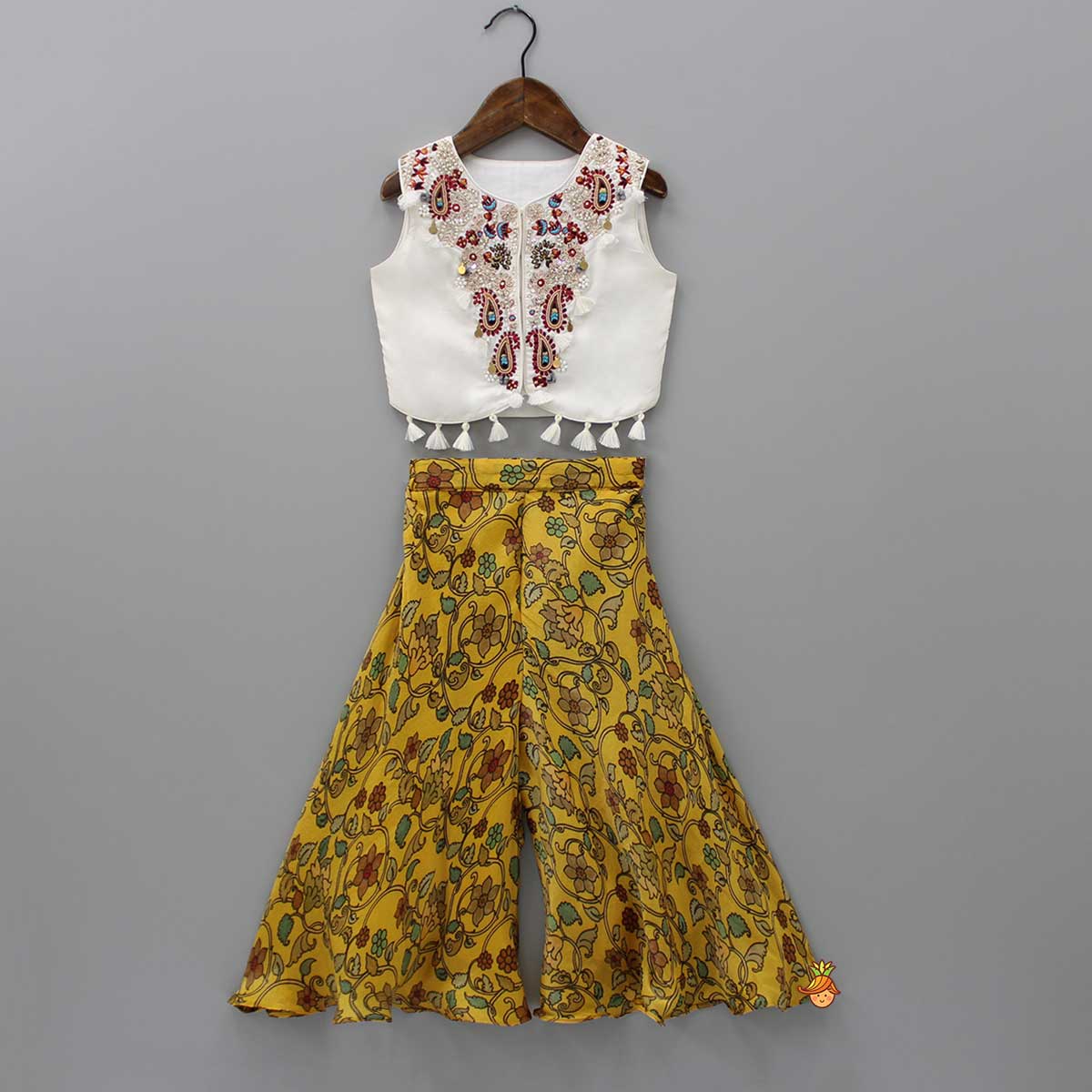 Pre Order: Embroidered Fringes Detail Top And Floral Printed Yellow Palazzo
