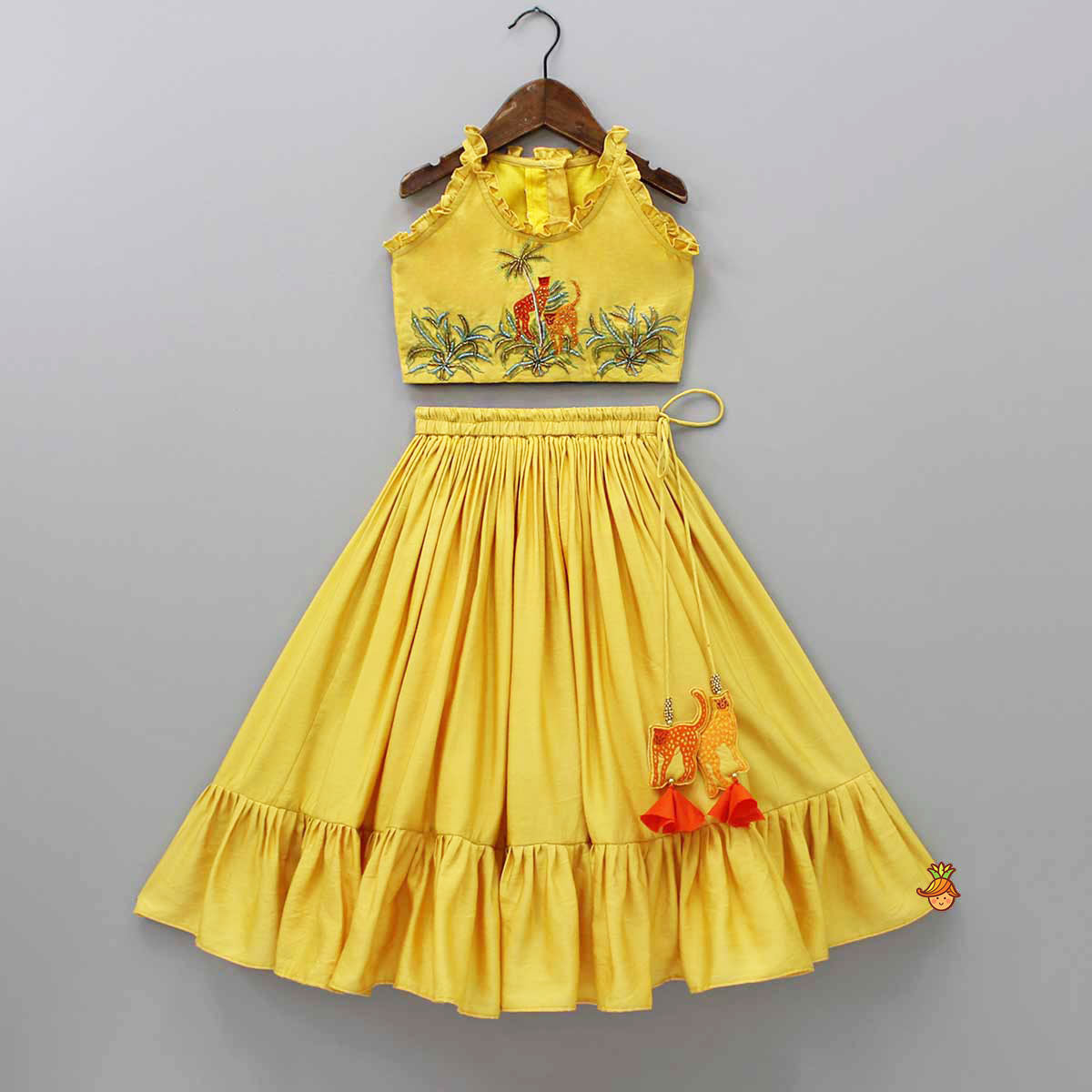 Pre Order: Jungle Theme Embroidered Yellow Top And Flared Lehenga