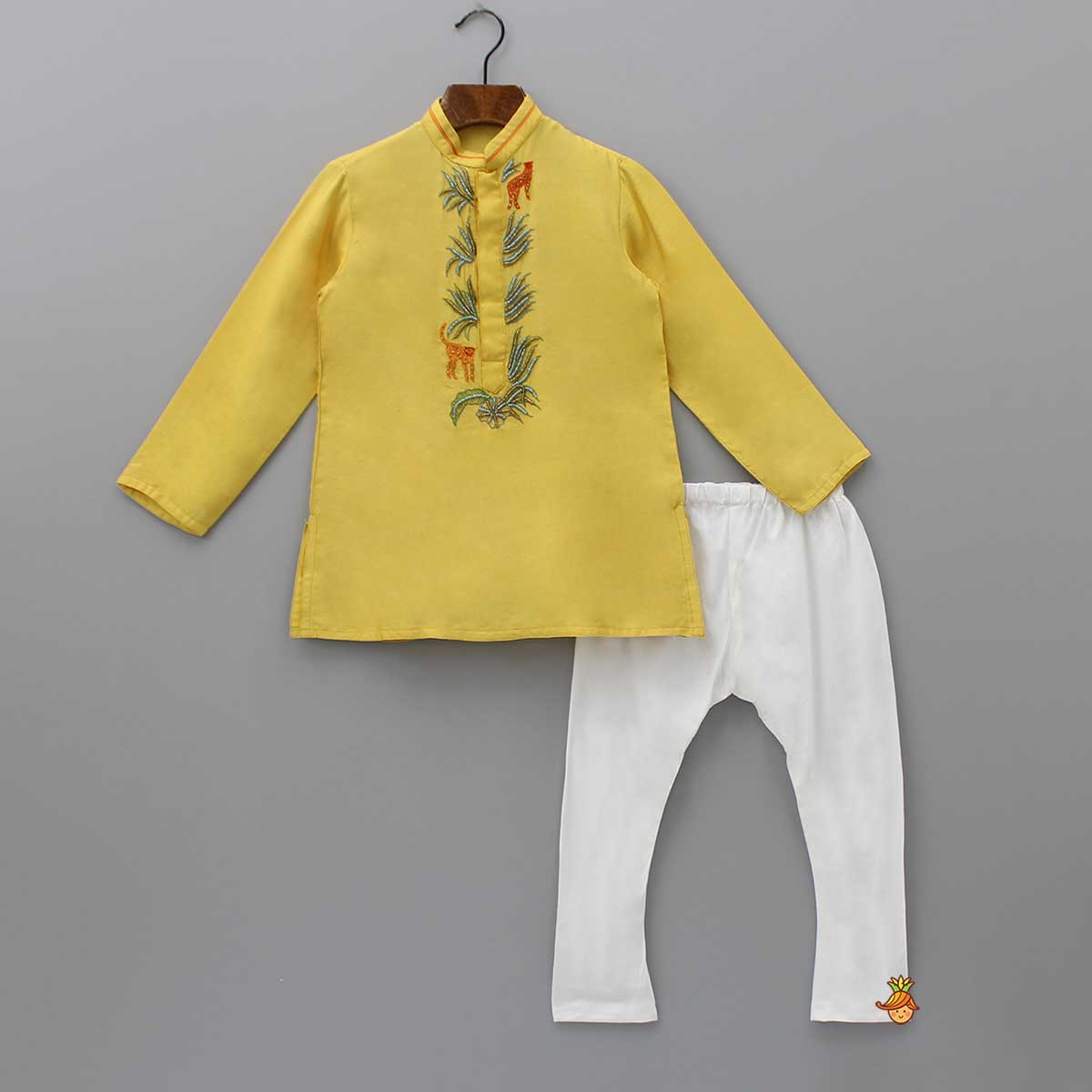Pre Order: Yellow Kurta With Animal Embroidery And Pyjama