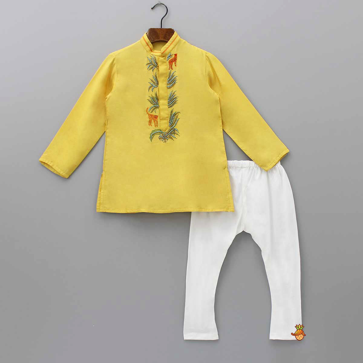 Pre Order: Yellow Kurta With Animal Embroidery And Pyjama