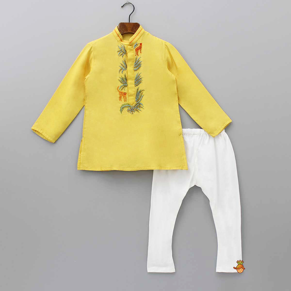 Pre Order: Yellow Kurta With Animal Embroidery And Pyjama