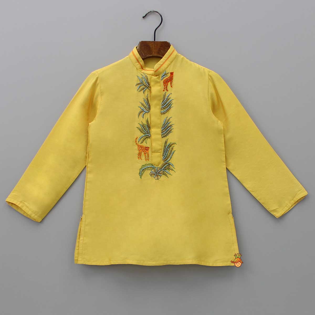 Pre Order: Yellow Kurta With Animal Embroidery And Pyjama