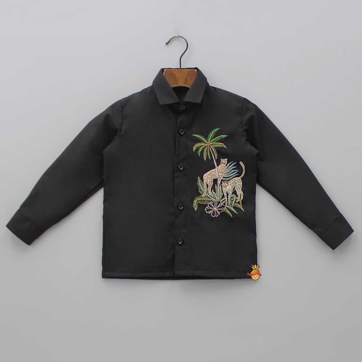 Pre Order: Jungle Theme Embroidered Black Shirt