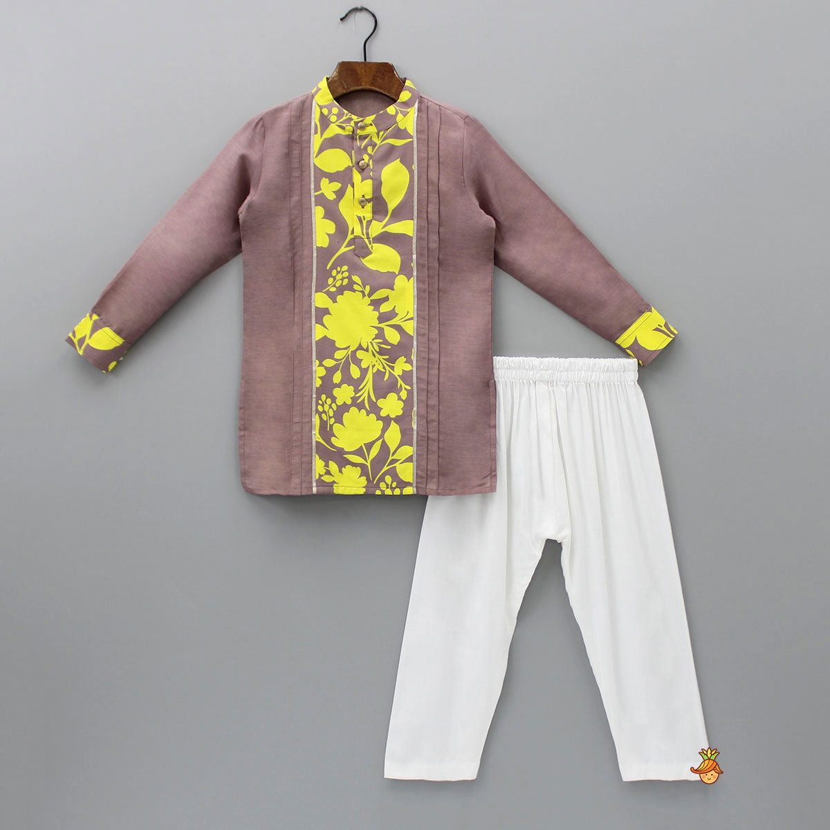 Pre Order: Yellow Floral Printed Pintuck Brown Kurta And Pyjama