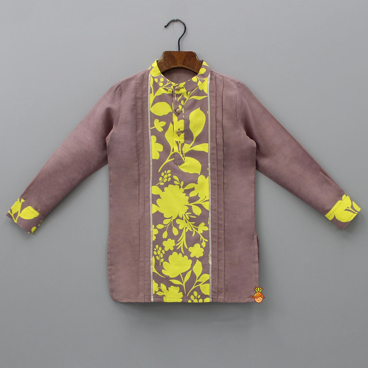 Pre Order: Yellow Floral Printed Pintuck Brown Kurta And Pyjama