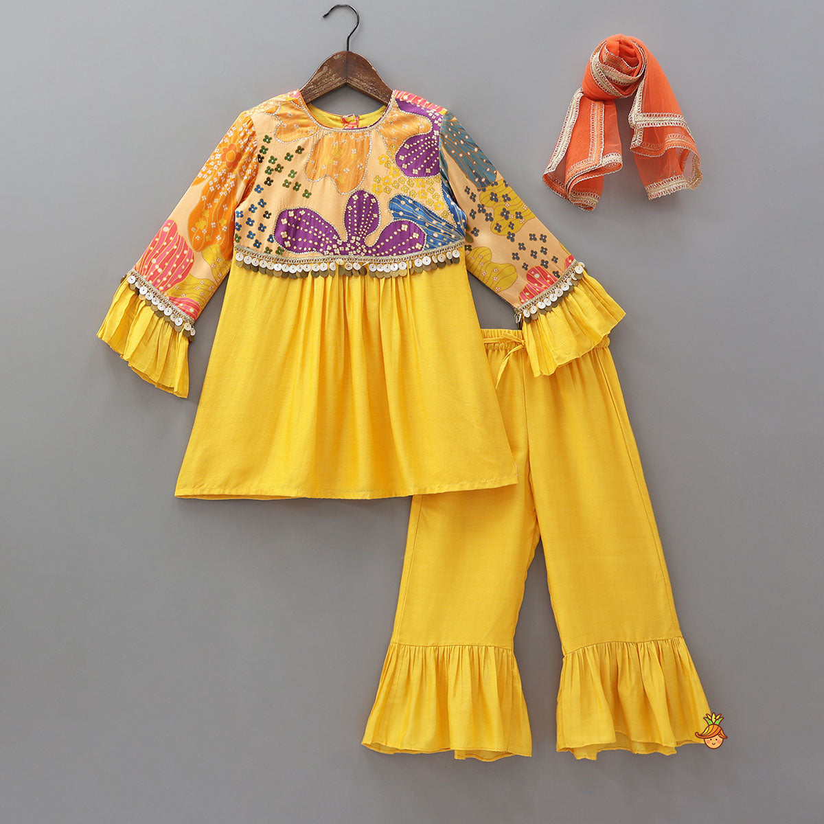Pre Order: Sequins Floral Printed Kurti With Palazzo And Net Dupatta