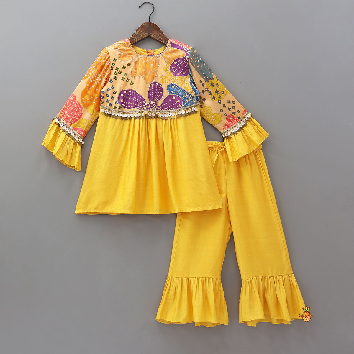 Pre Order: Sequins Floral Printed Kurti With Palazzo And Net Dupatta