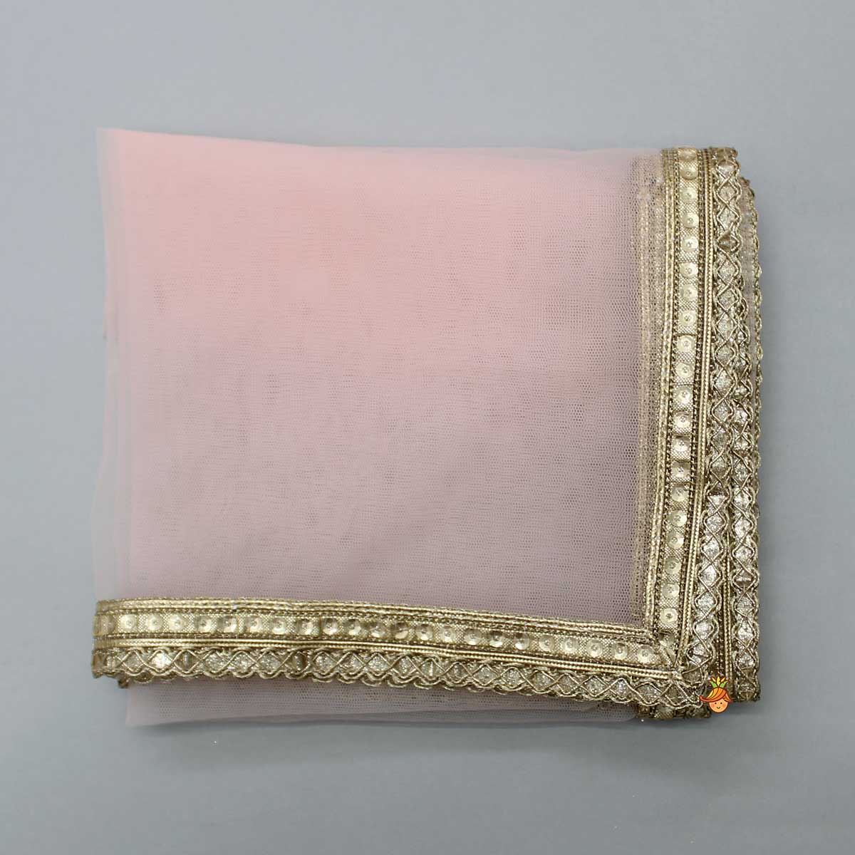 Pre Order: Mirror Work Peach Top And Net Tassels Enhanced Printed Lehenga With Matching Dupatta