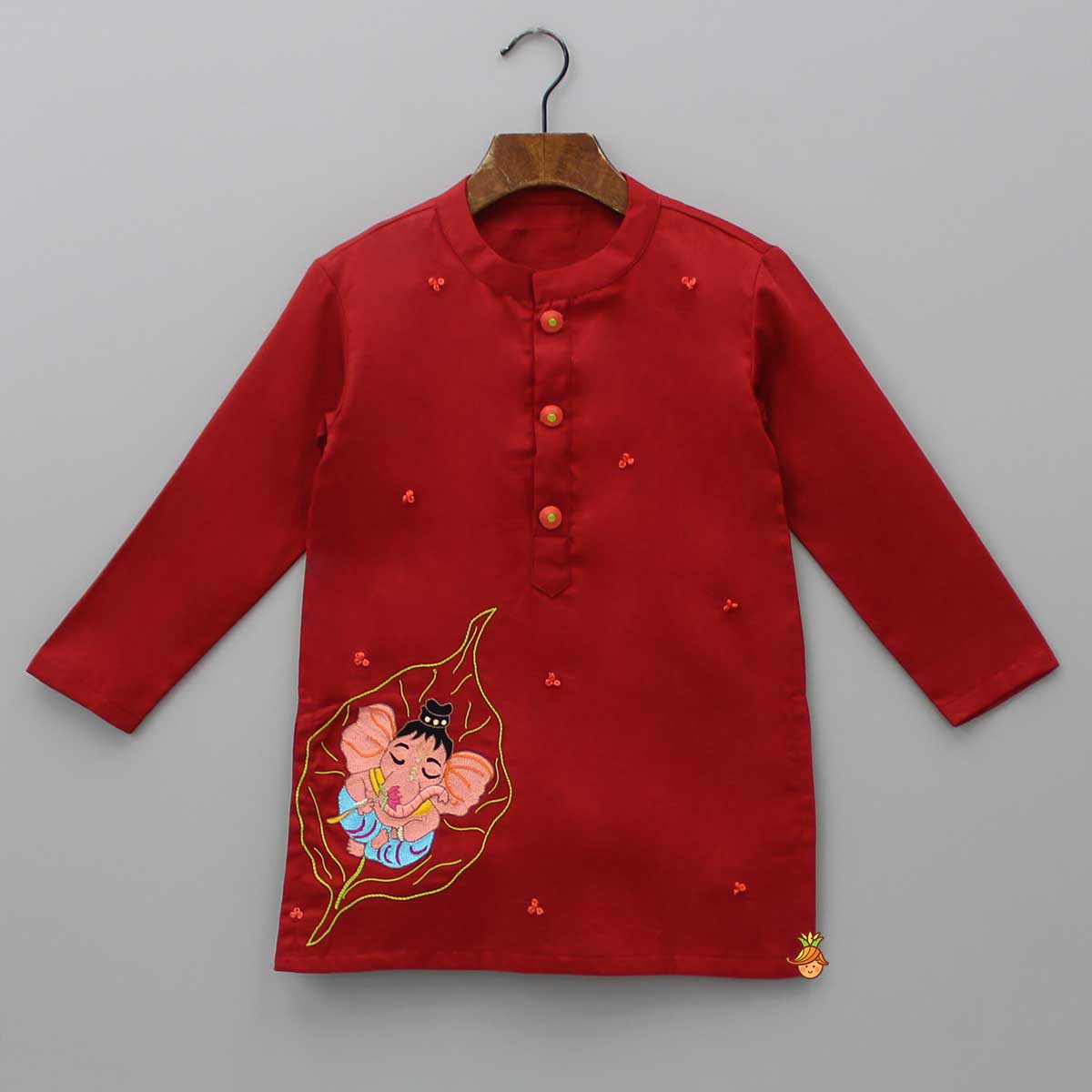 Pre Order: Ganesh Thread Embroidered Red Kurta And White Pyjama
