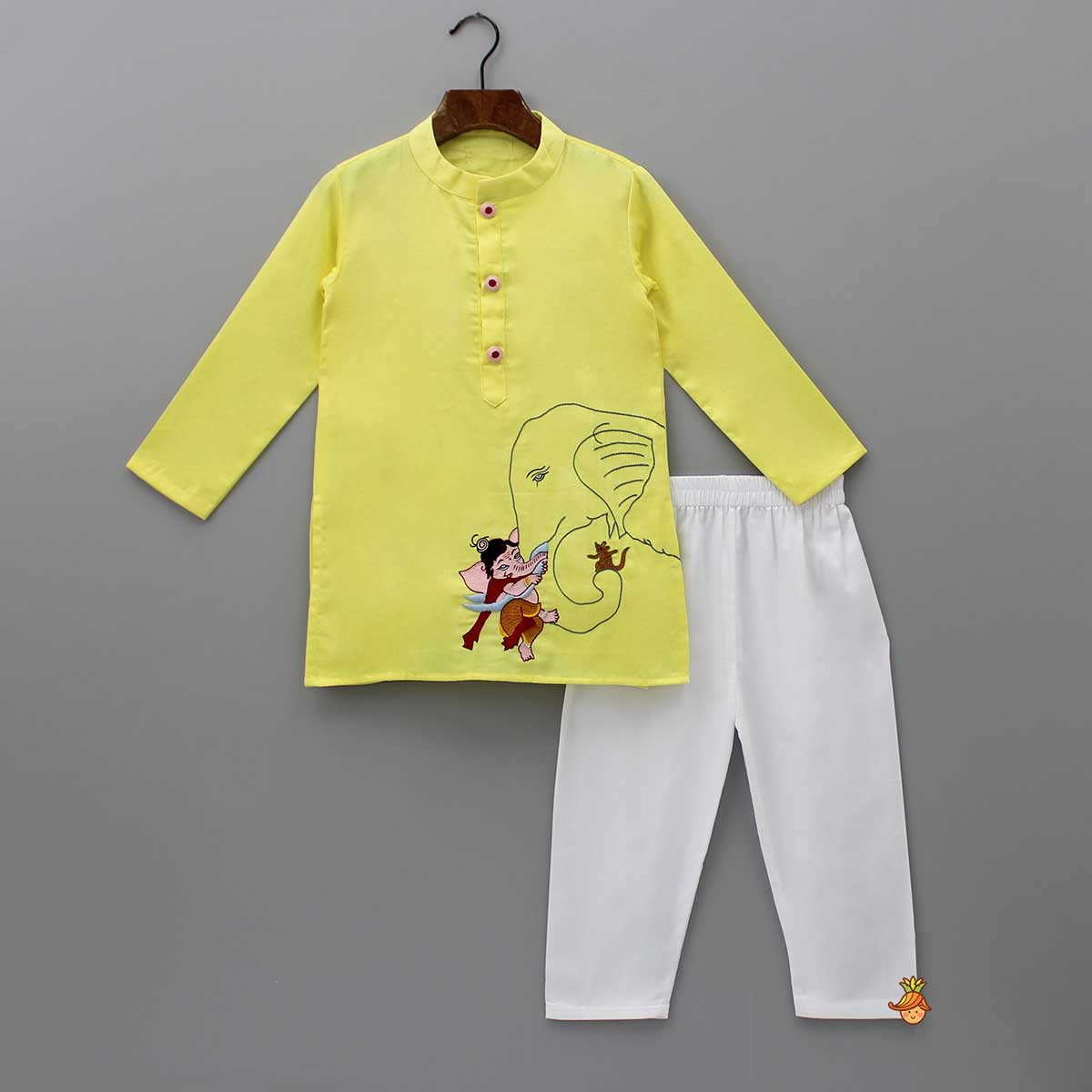 Pre Order: Ganesh Thread Embroidered Yellow Kurta And White Pyjama