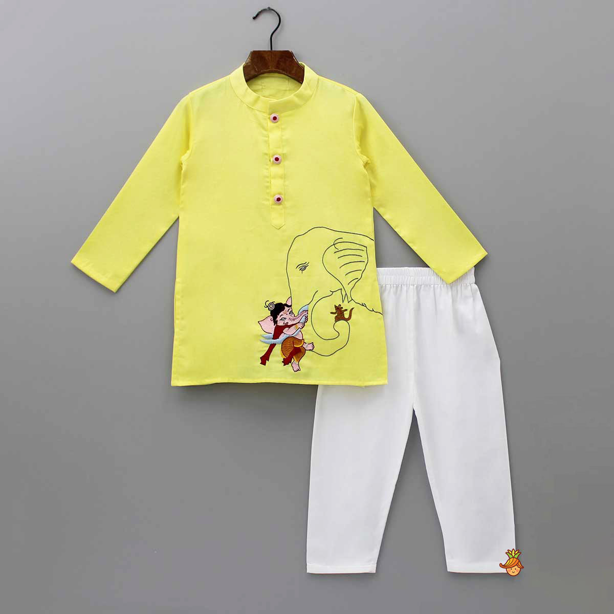 Pre Order: Ganesh Thread Embroidered Yellow Kurta And White Pyjama