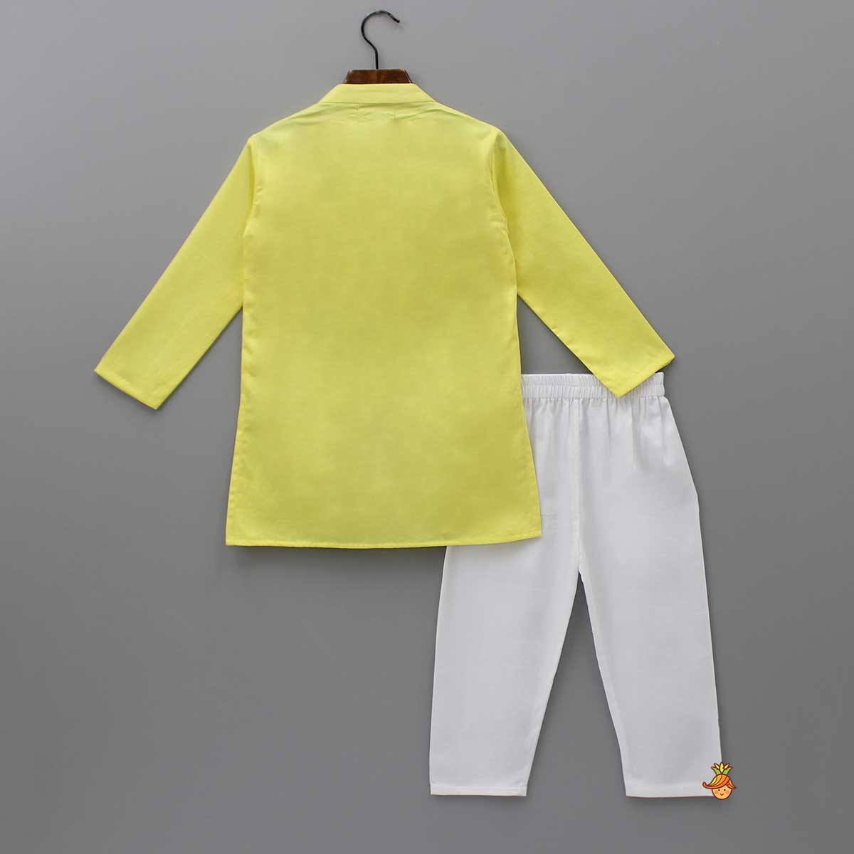 Pre Order: Ganesh Thread Embroidered Yellow Kurta And White Pyjama