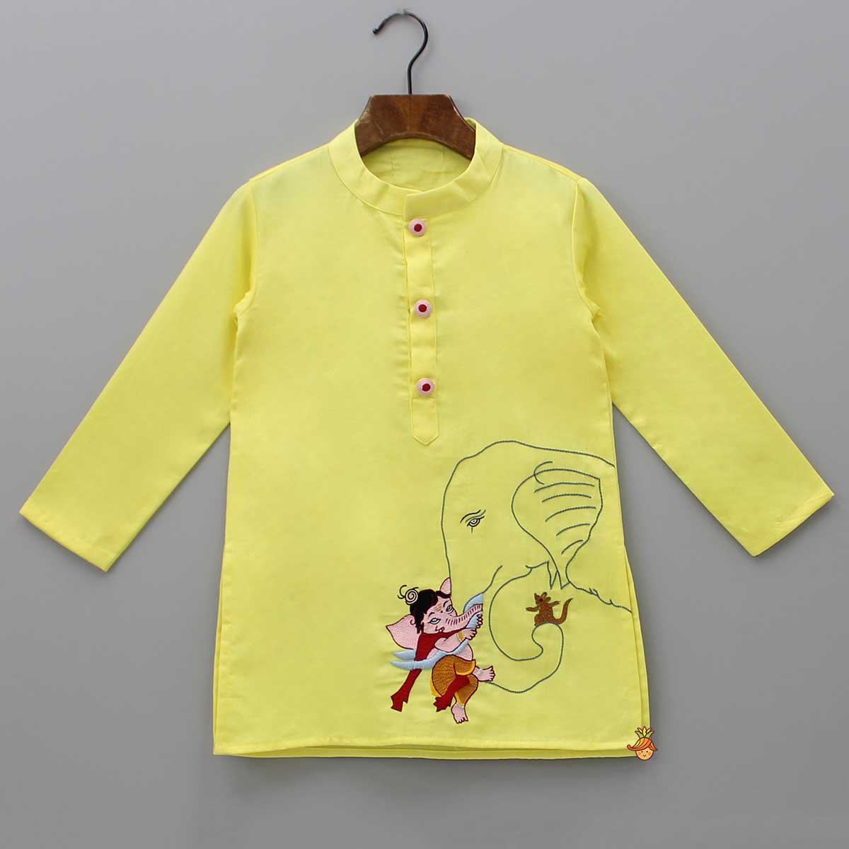 Pre Order: Ganesh Thread Embroidered Yellow Kurta And White Pyjama