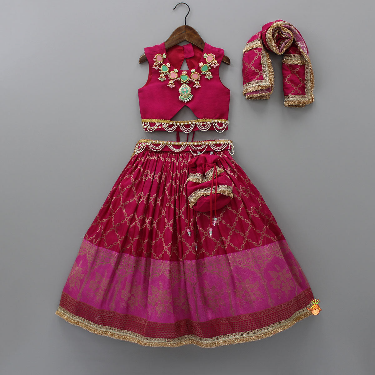 Pre Order: Embroidered Top And Potli-Attached Lehenga With Matching Dupatta And Detachable Pearly Belt